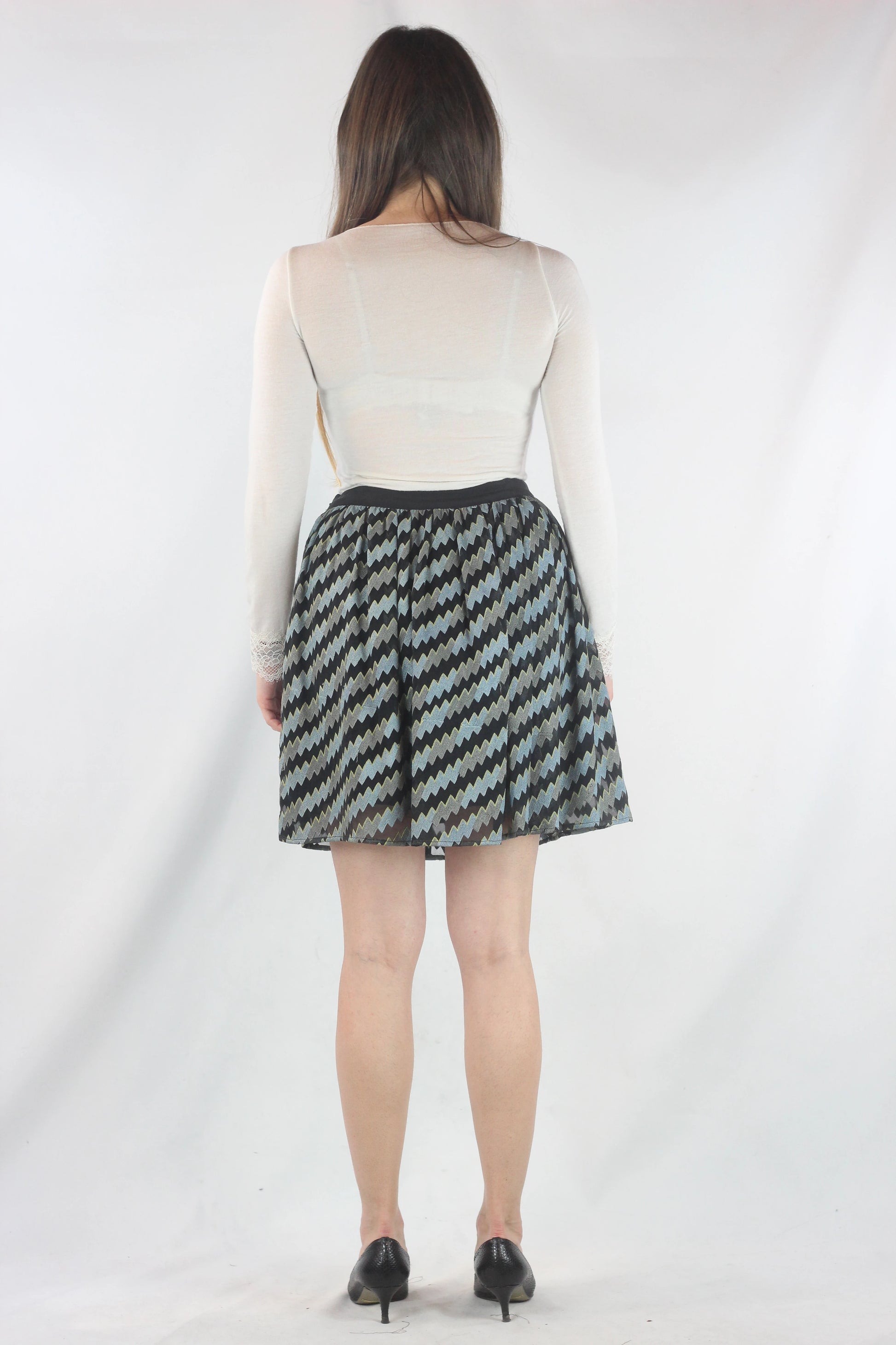 Silk Skater Skirt with Black Zigzag Pattern