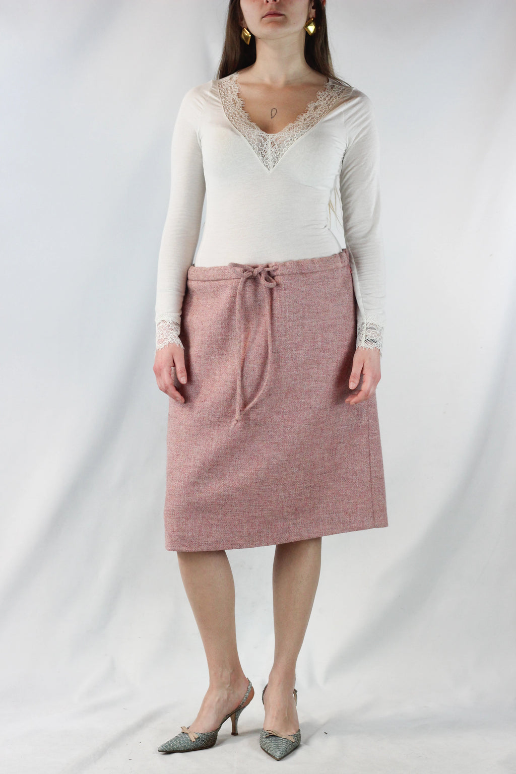 Pink Tweed Trapeze Skirt with Drawstring Waist