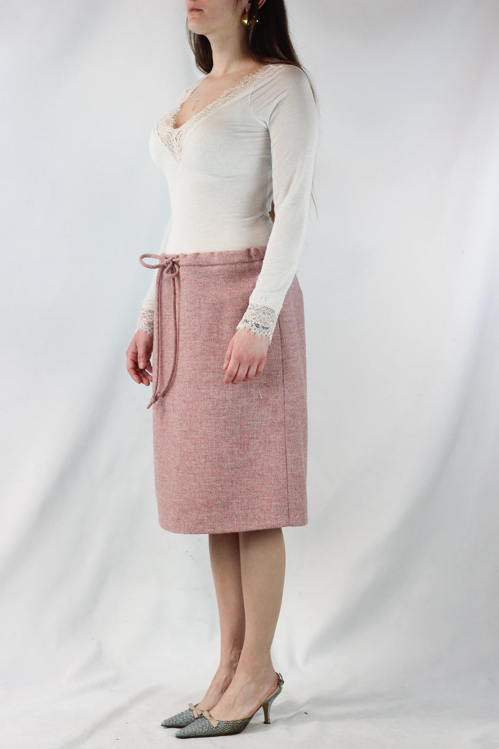 Pink Tweed Trapeze Skirt with Drawstring Waist