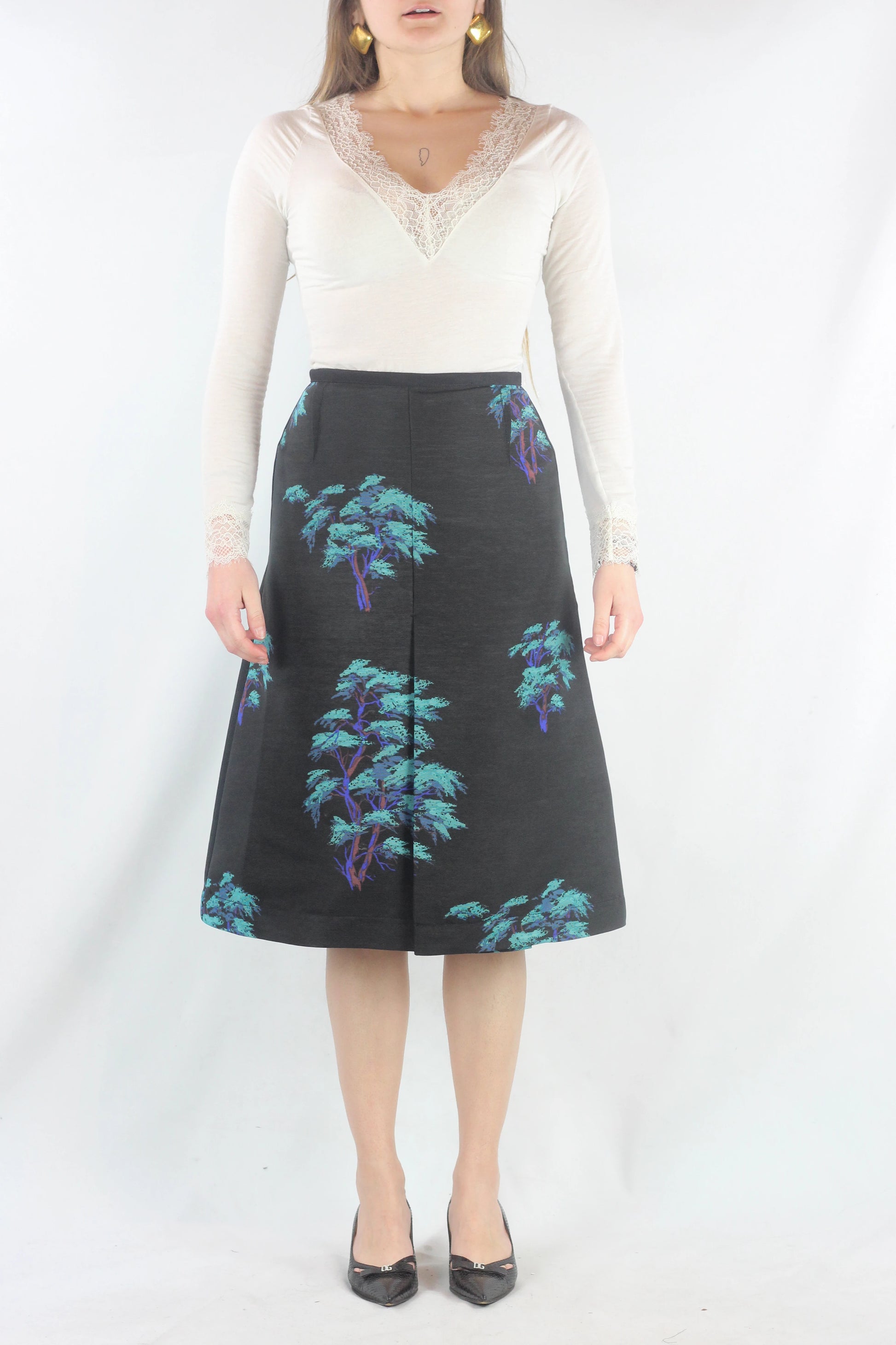 Black Trapeze Skirt with Neon Tree Print