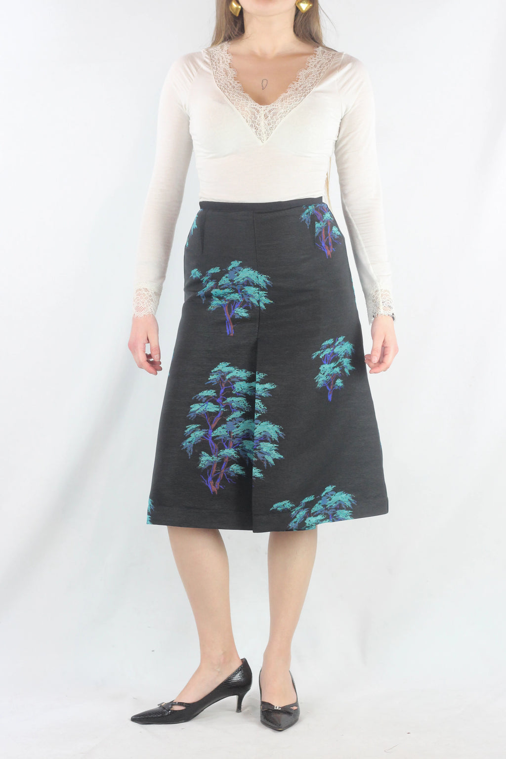 Black Trapeze Skirt with Neon Tree Print