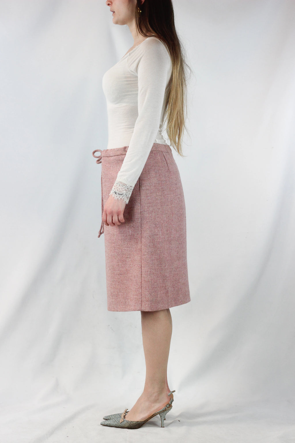 Pink Tweed Trapeze Skirt with Drawstring Waist