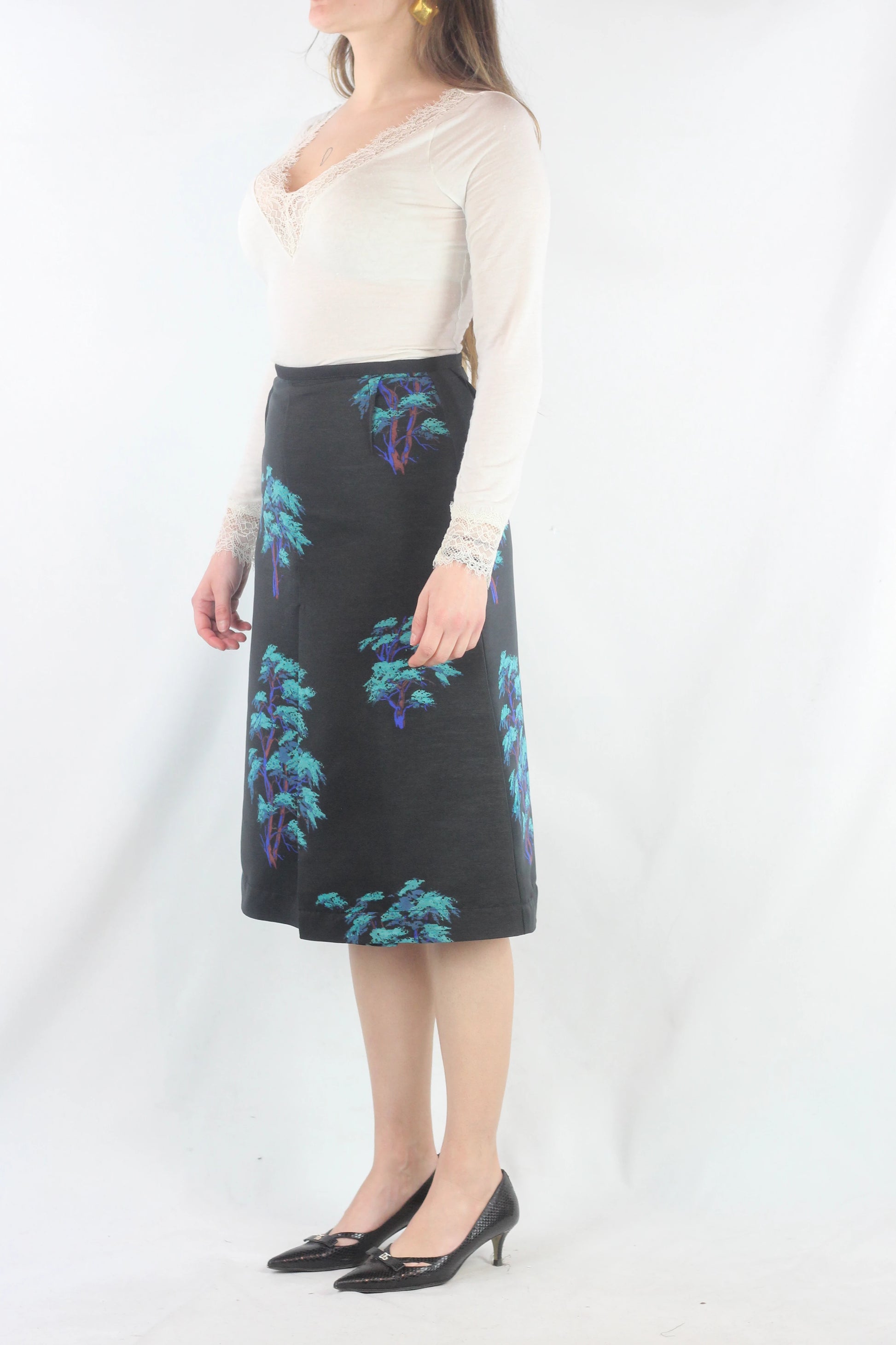 Black Trapeze Skirt with Neon Tree Print