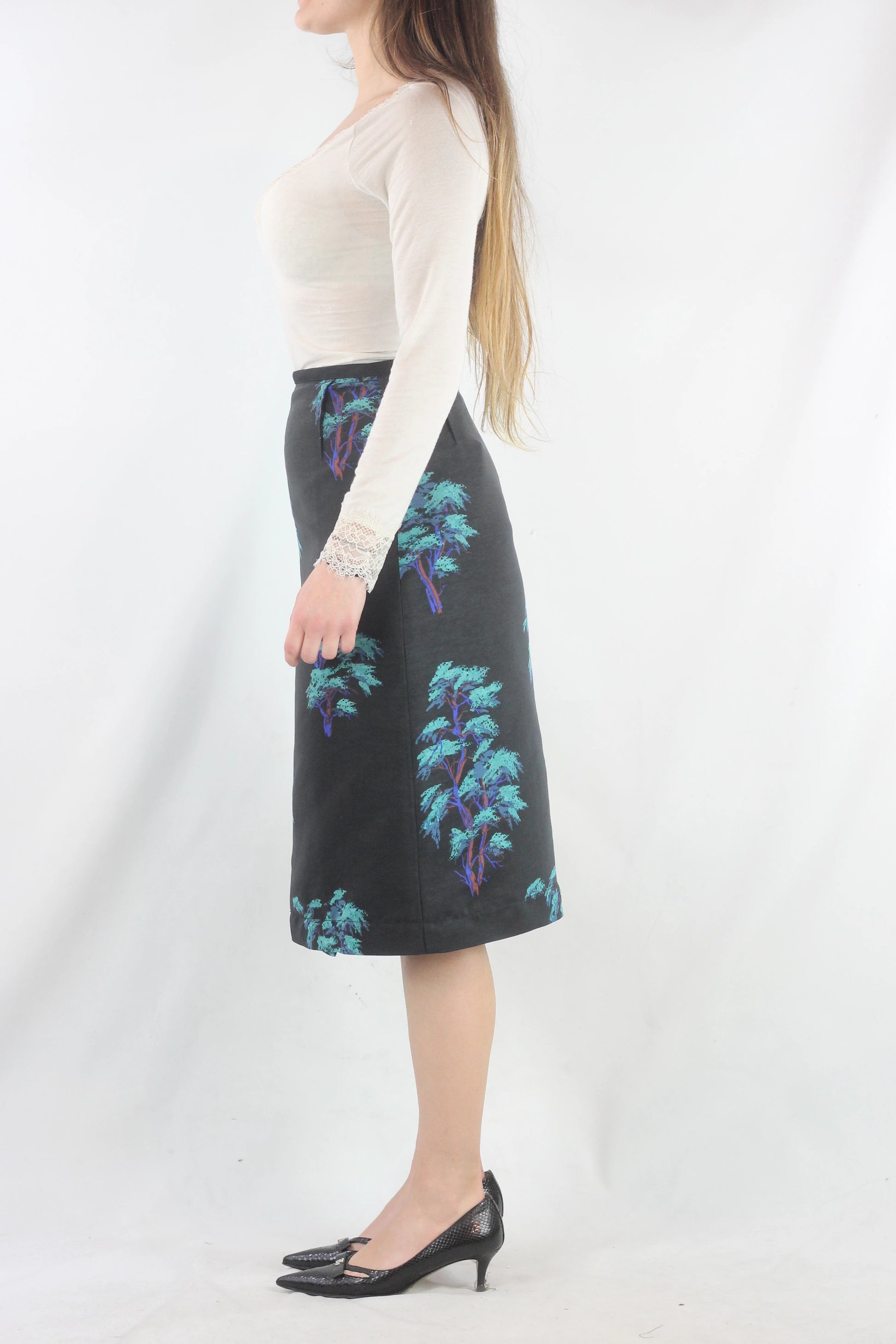 Black Trapeze Skirt with Neon Tree Print