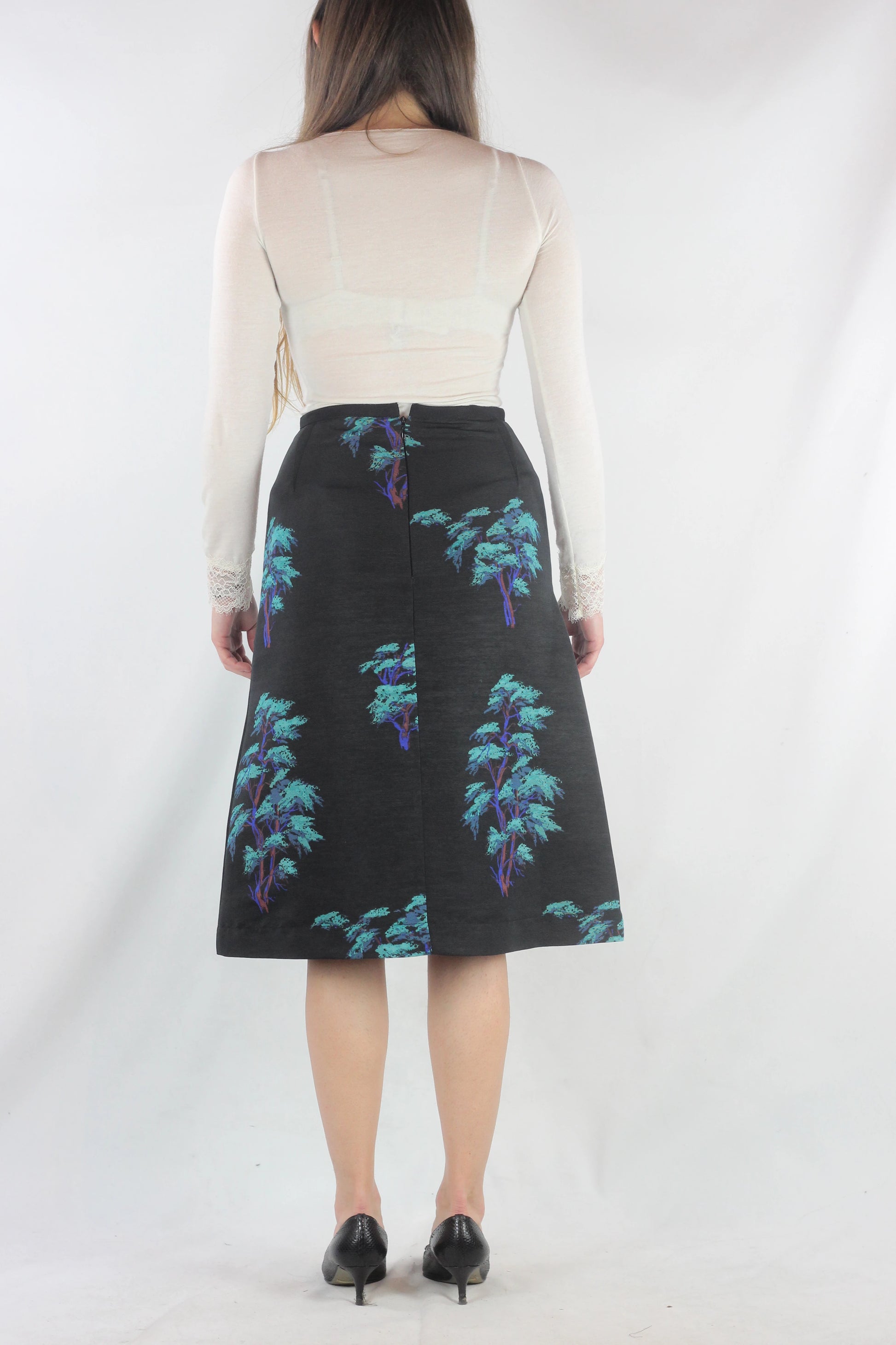 Black Trapeze Skirt with Neon Tree Print