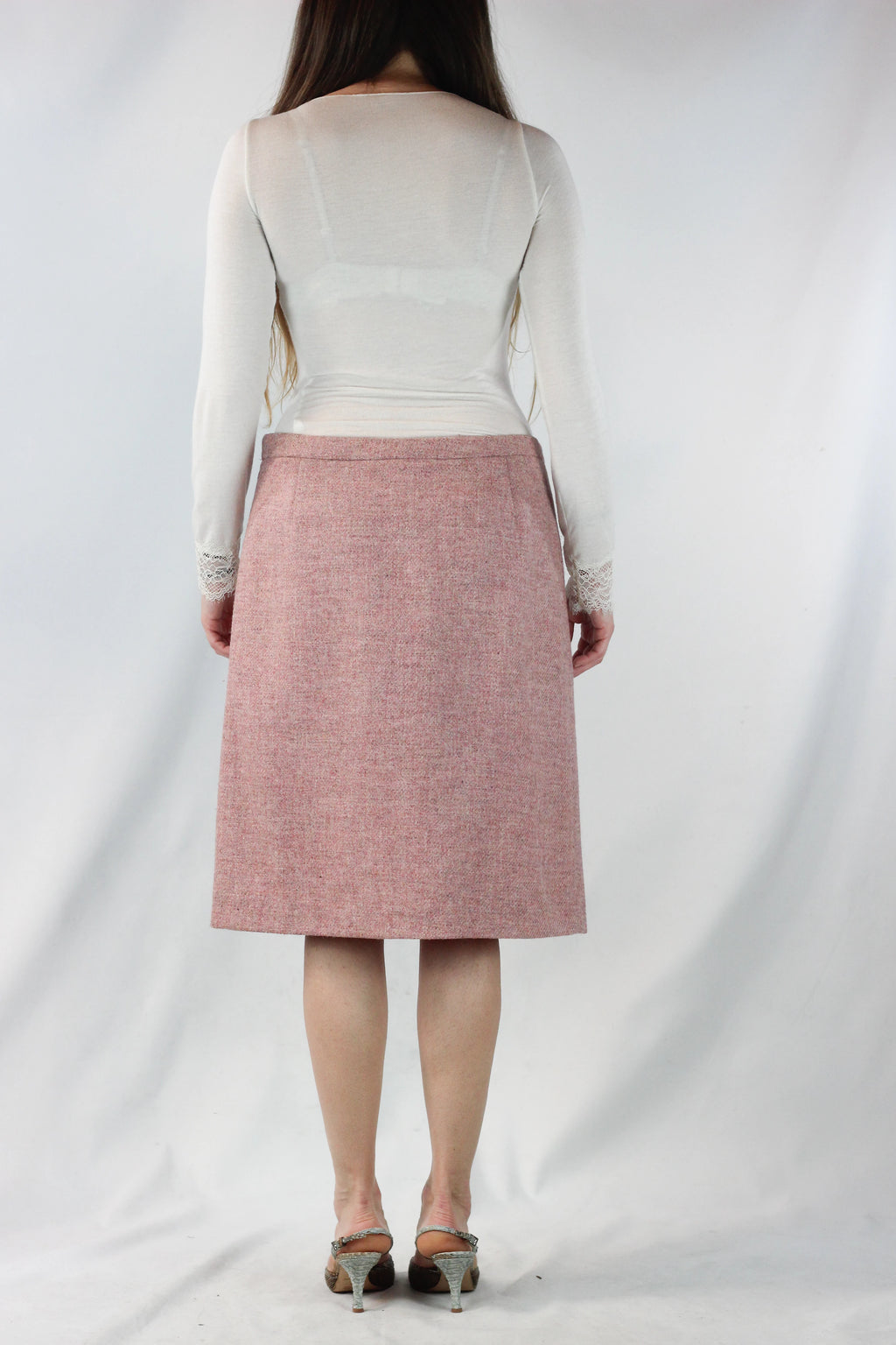 Pink Tweed Trapeze Skirt with Drawstring Waist