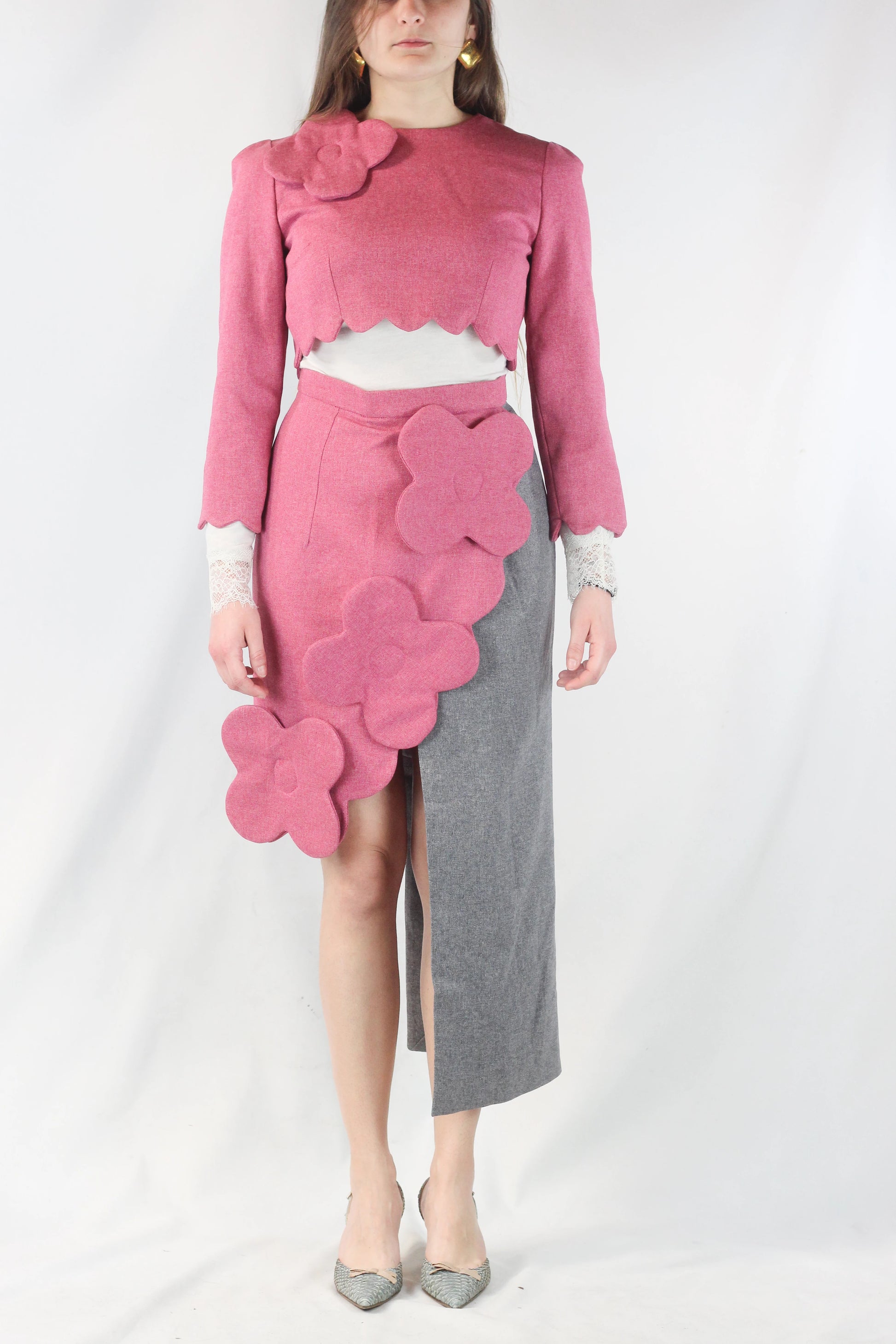 Asymmetric Wool Skirt in Pink and Grey