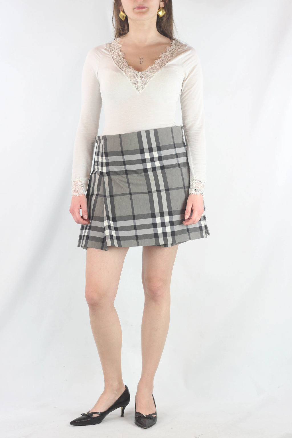 Grey Checked Pleated Mini Skirt