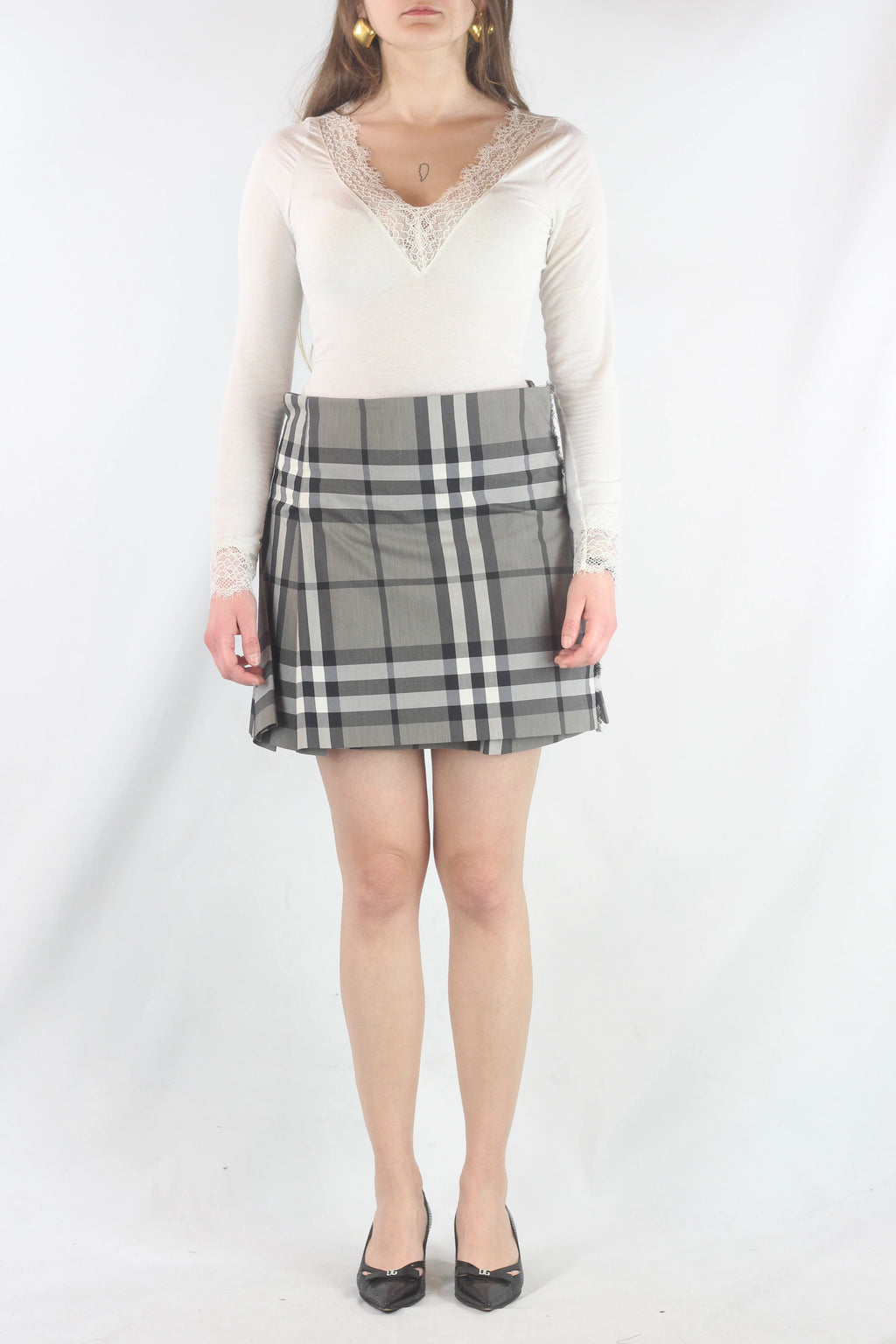 Grey Checked Pleated Mini Skirt