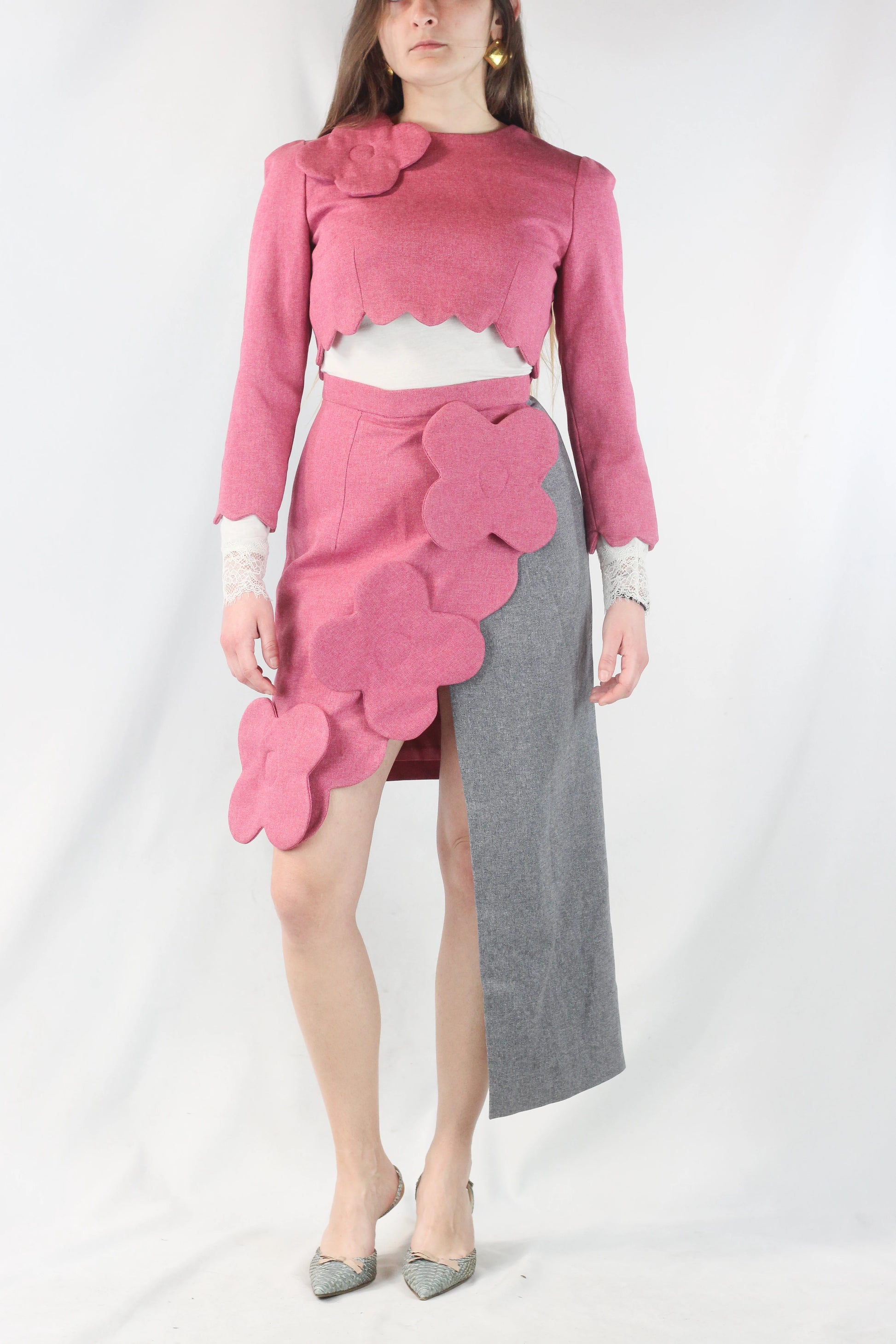 Asymmetric Wool Skirt in Pink and Grey