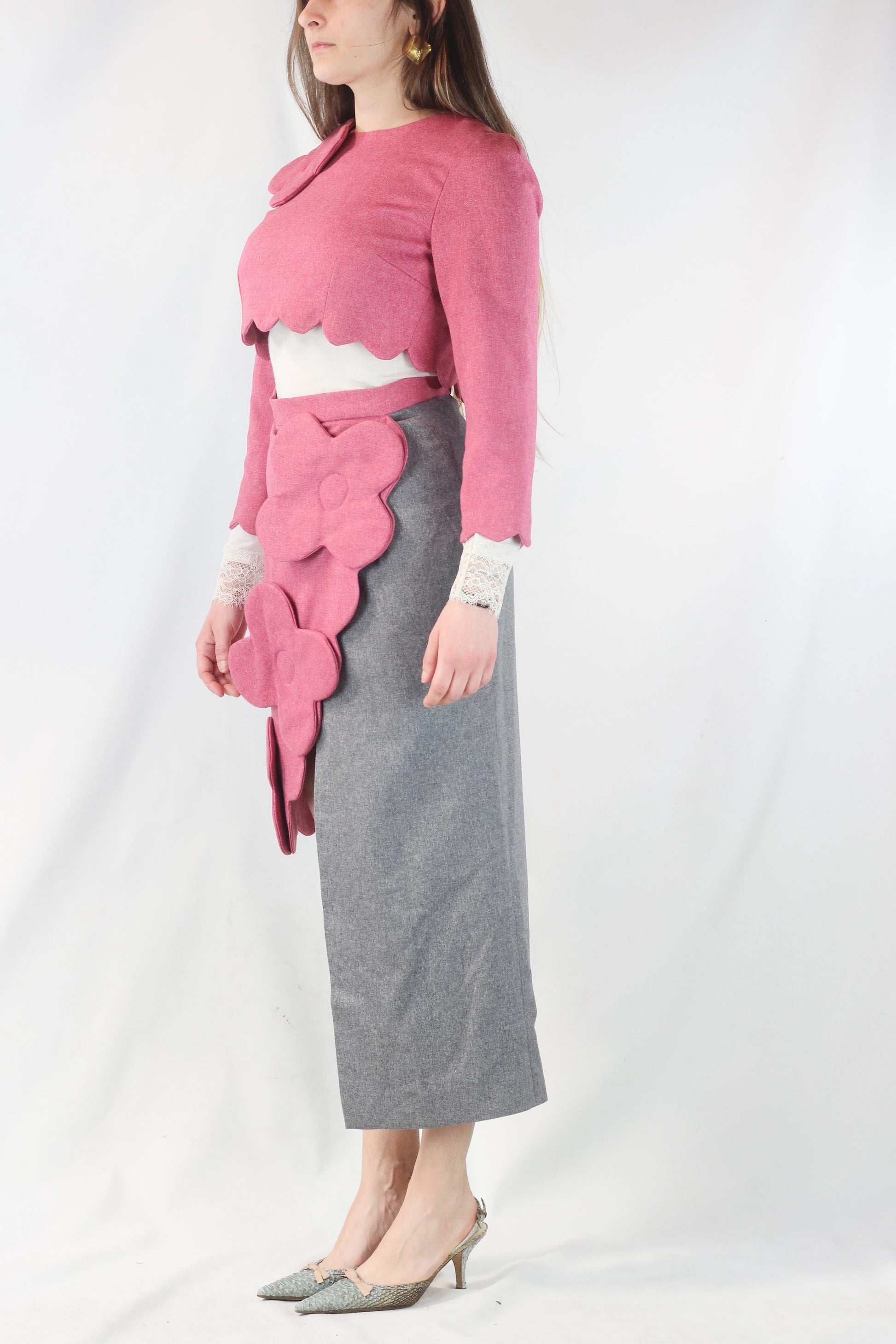 Asymmetric Wool Skirt in Pink and Grey