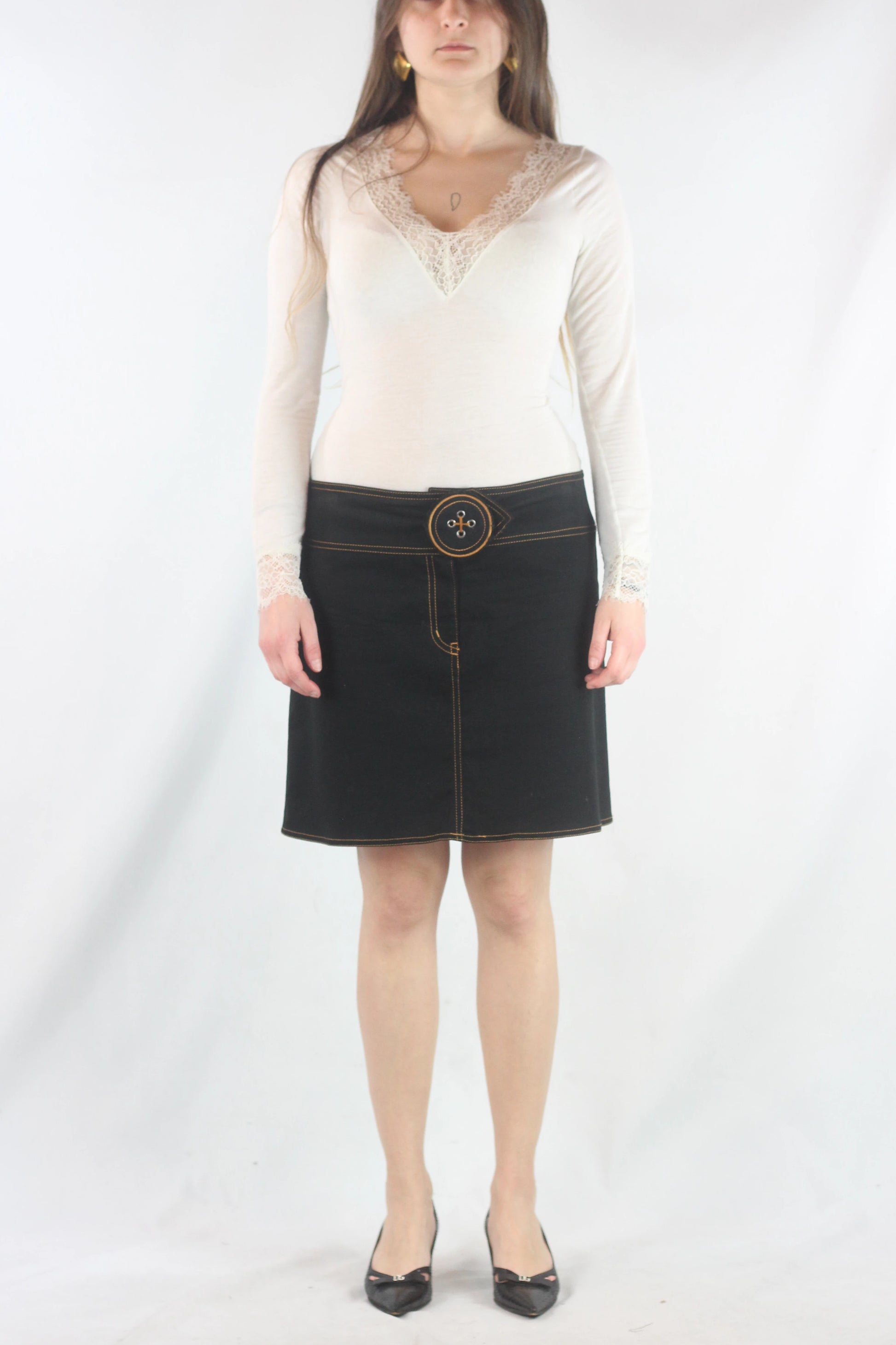 Black Cotton Skirt with Oversized Button Detail