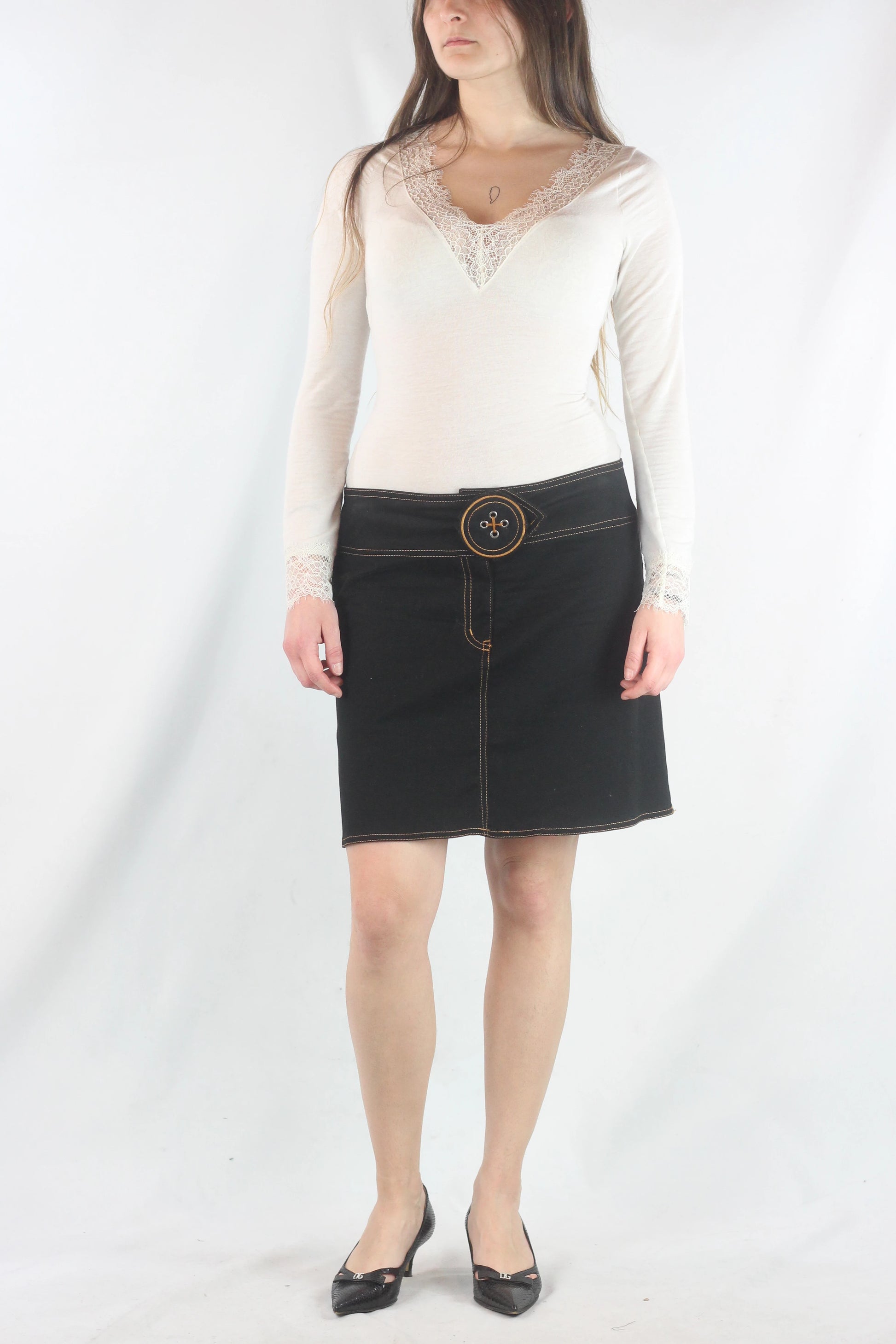 Black Cotton Skirt with Oversized Button Detail