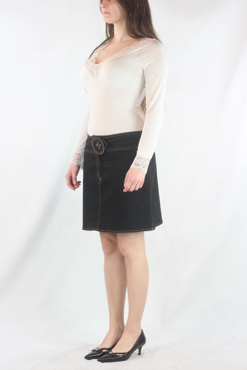 Black Cotton Skirt with Oversized Button Detail