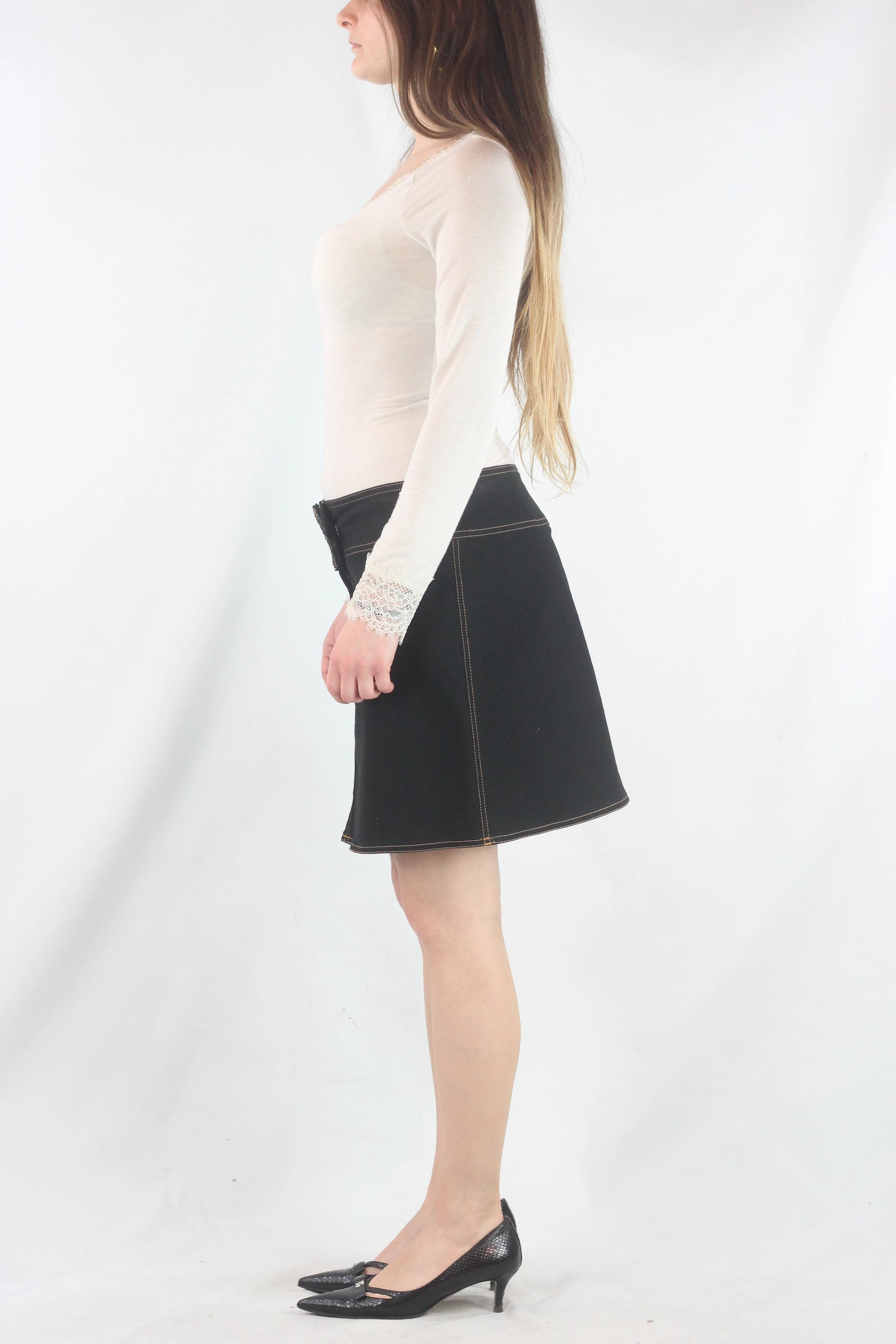 Black Cotton Skirt with Oversized Button Detail