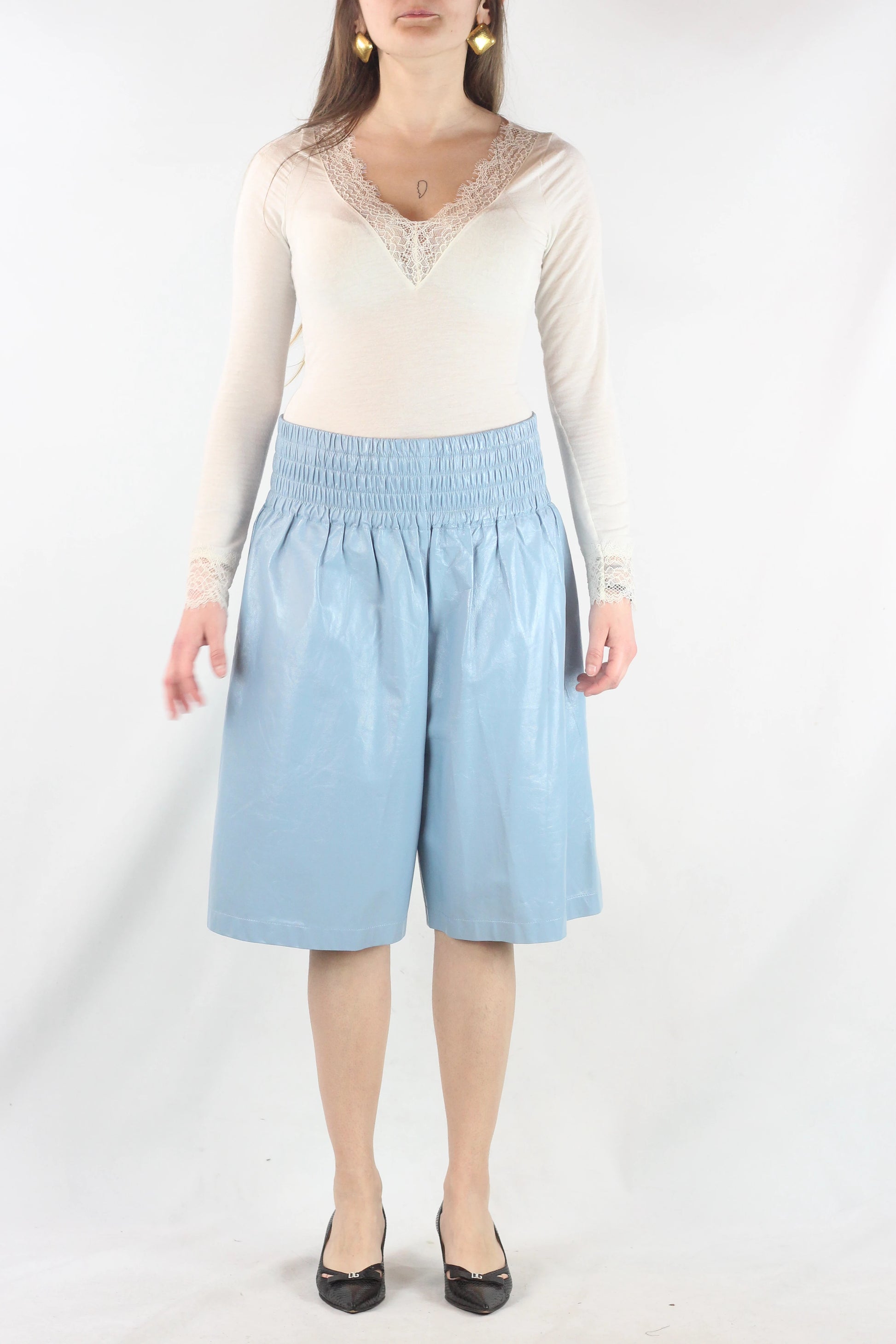 Light Blue Leather Knee-Length Bermuda