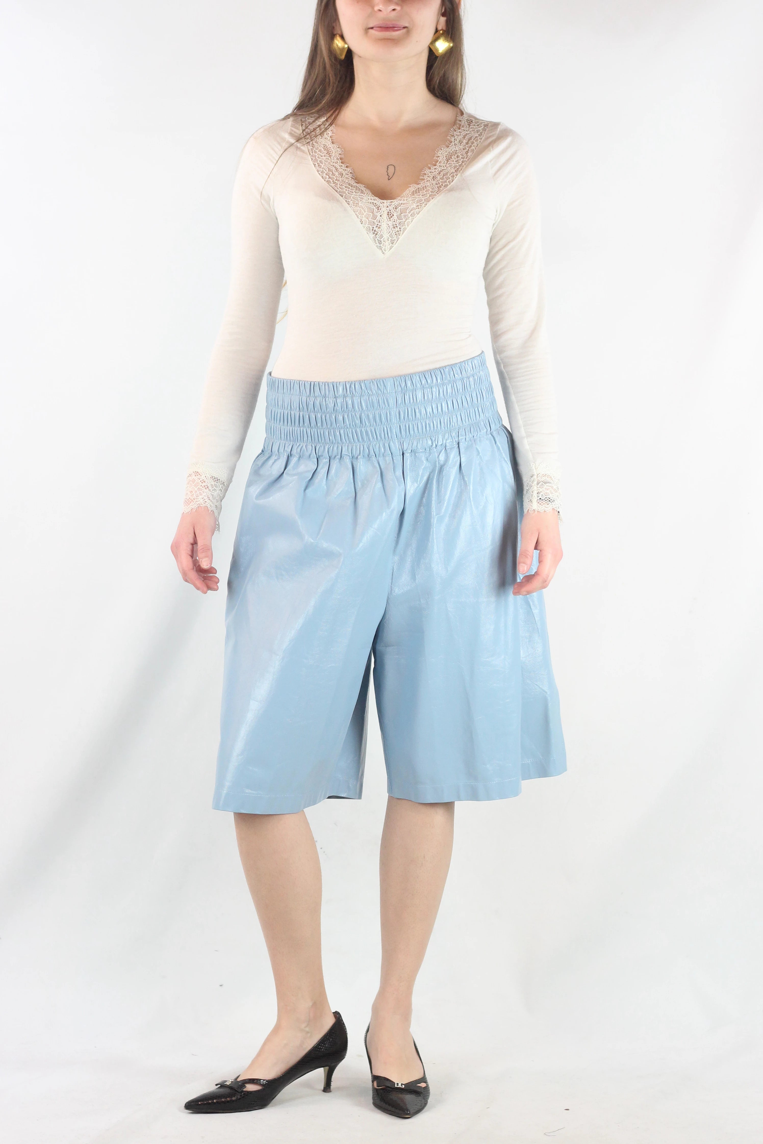 Light Blue Leather Knee-Length Bermuda