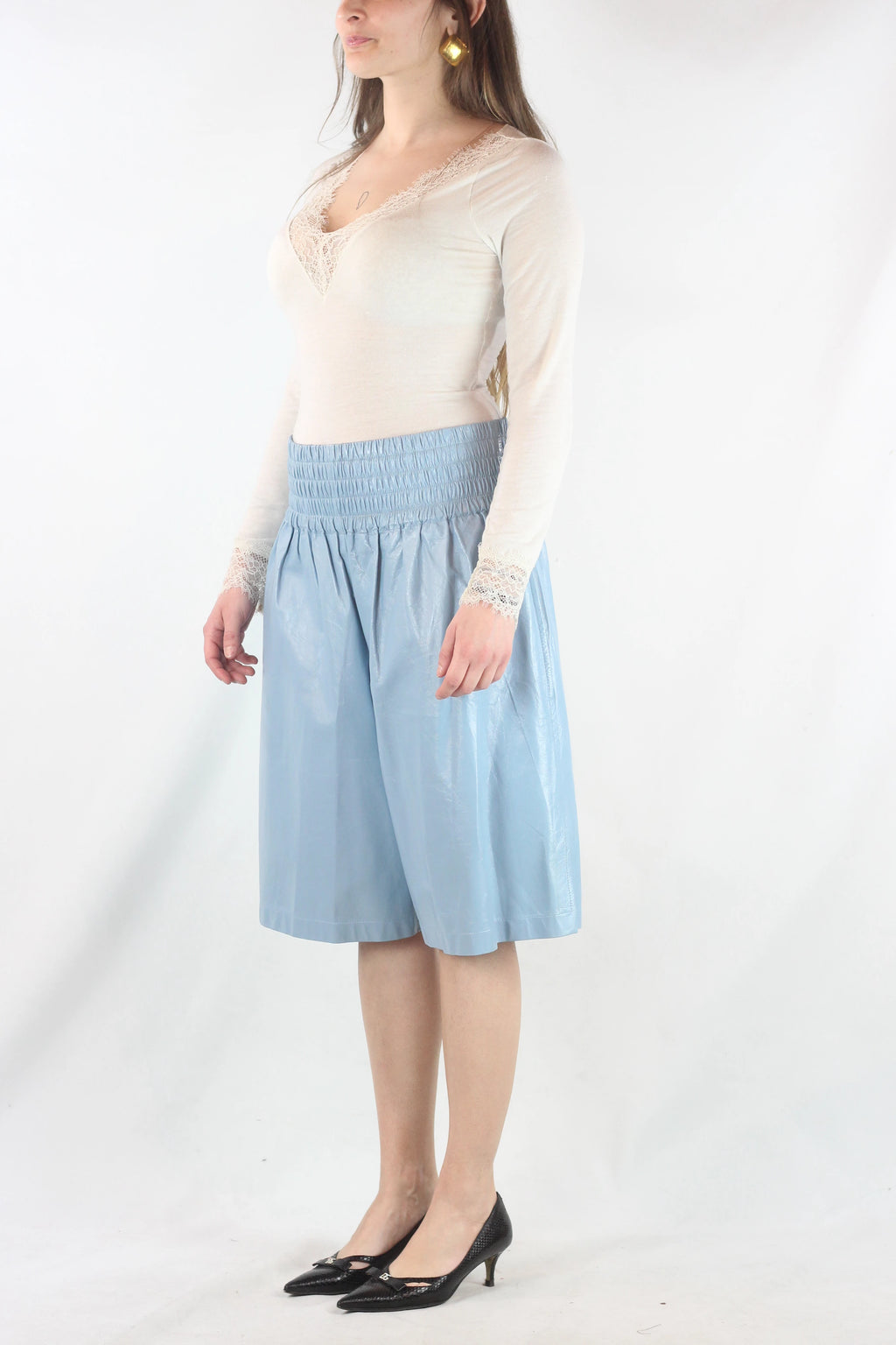 Light Blue Leather Knee-Length Bermuda