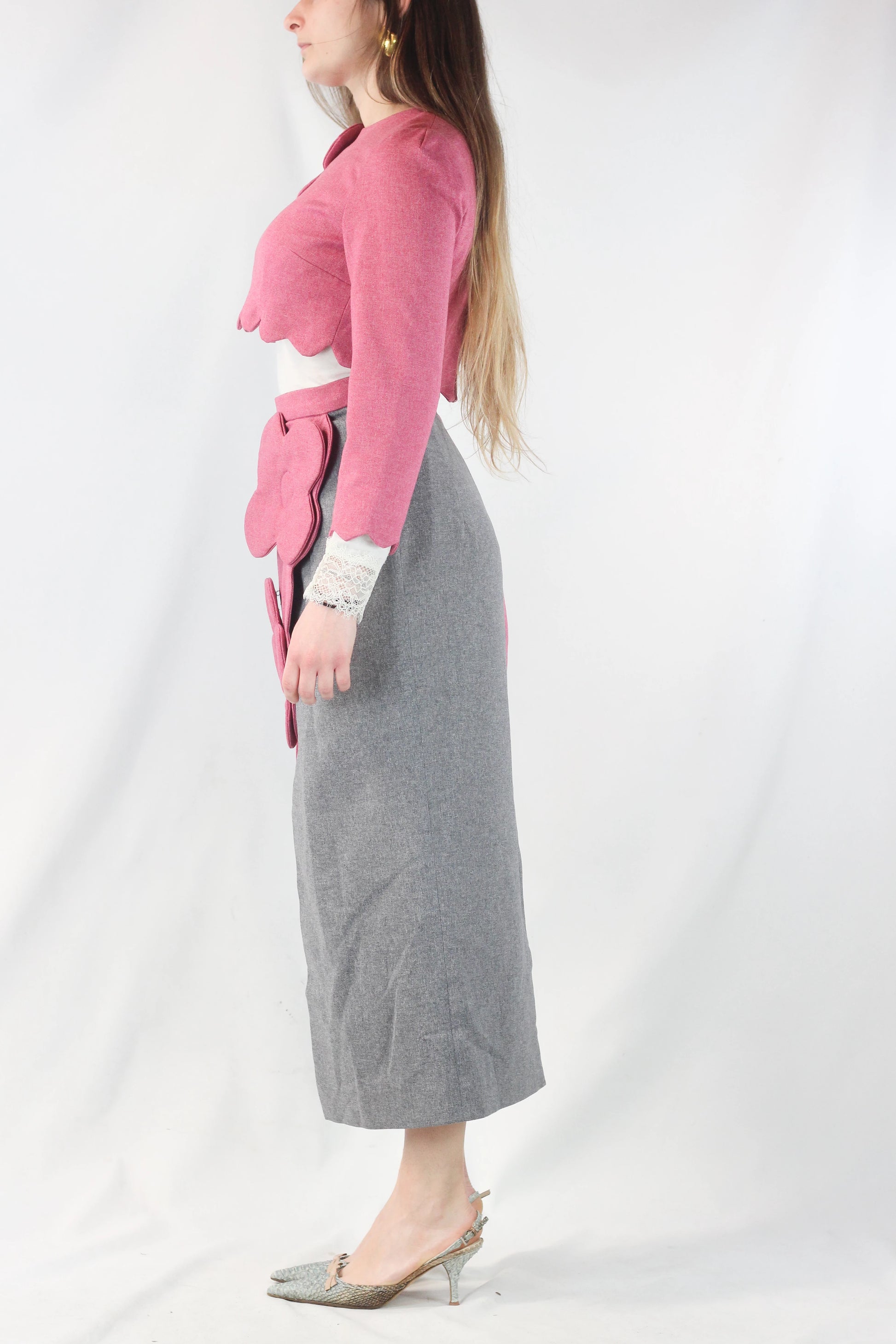 Asymmetric Wool Skirt in Pink and Grey