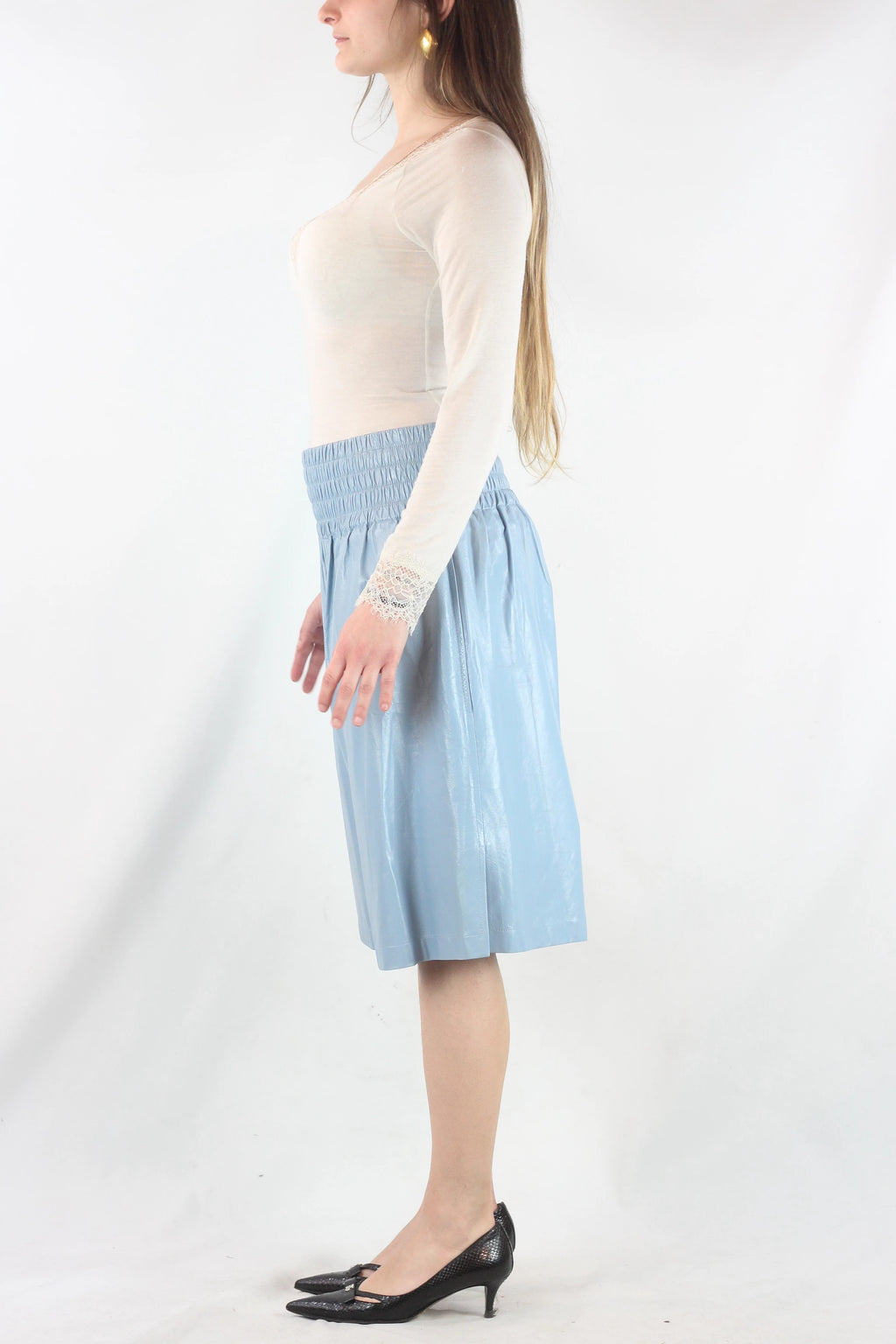 Light Blue Leather Knee-Length Bermuda