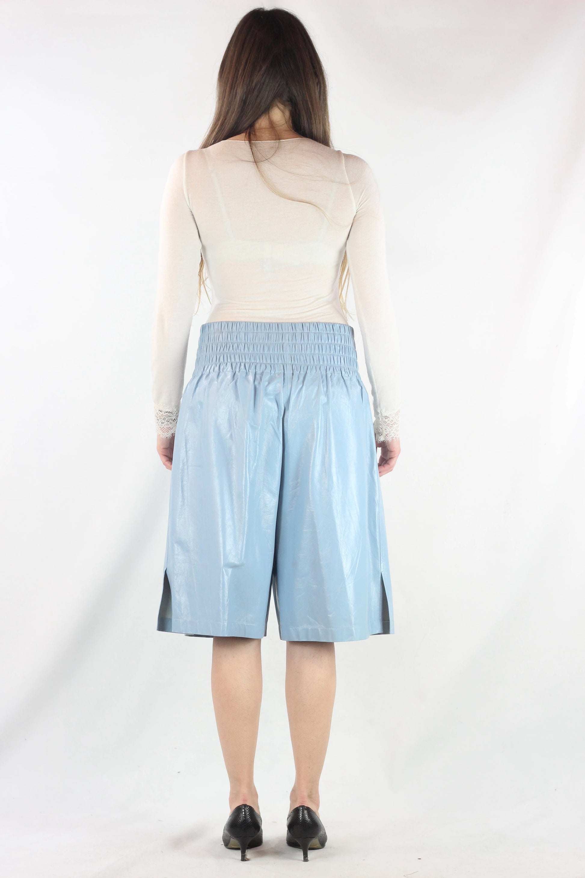 Light Blue Leather Knee-Length Bermuda