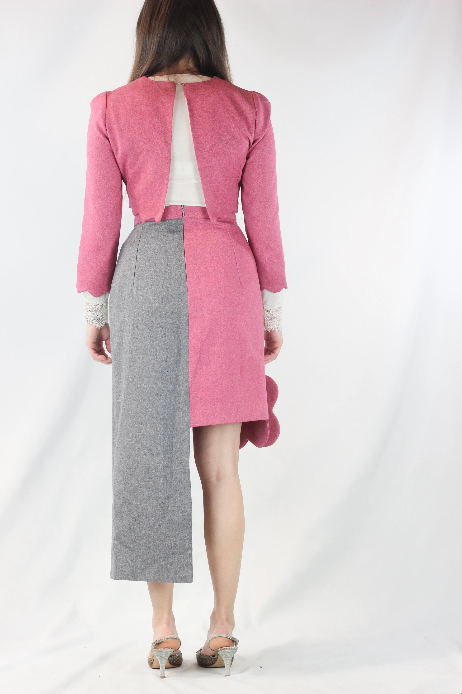 Asymmetric Wool Skirt in Pink and Grey