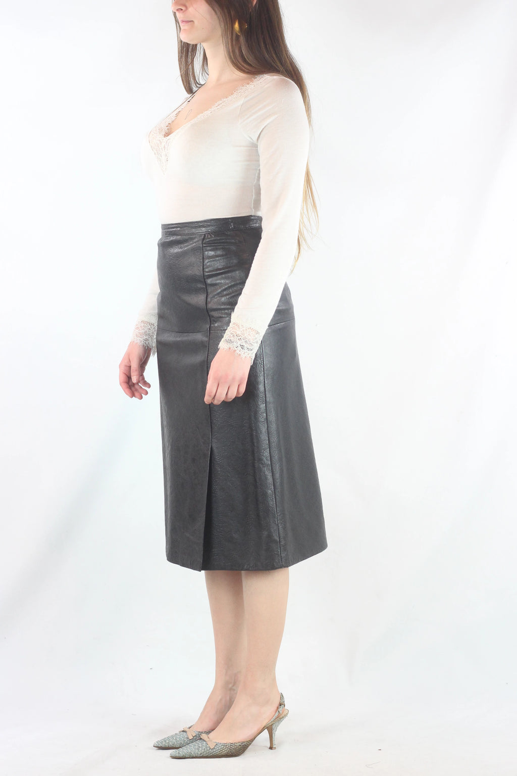 Leather Skirt with Floral Embossing