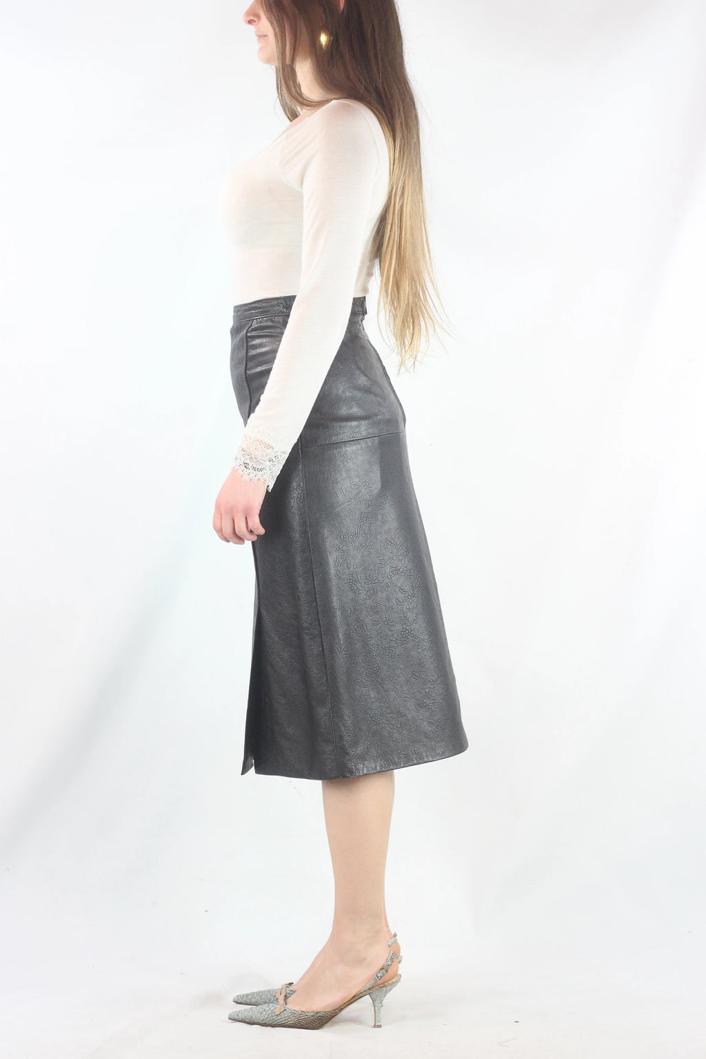 Leather Skirt with Floral Embossing