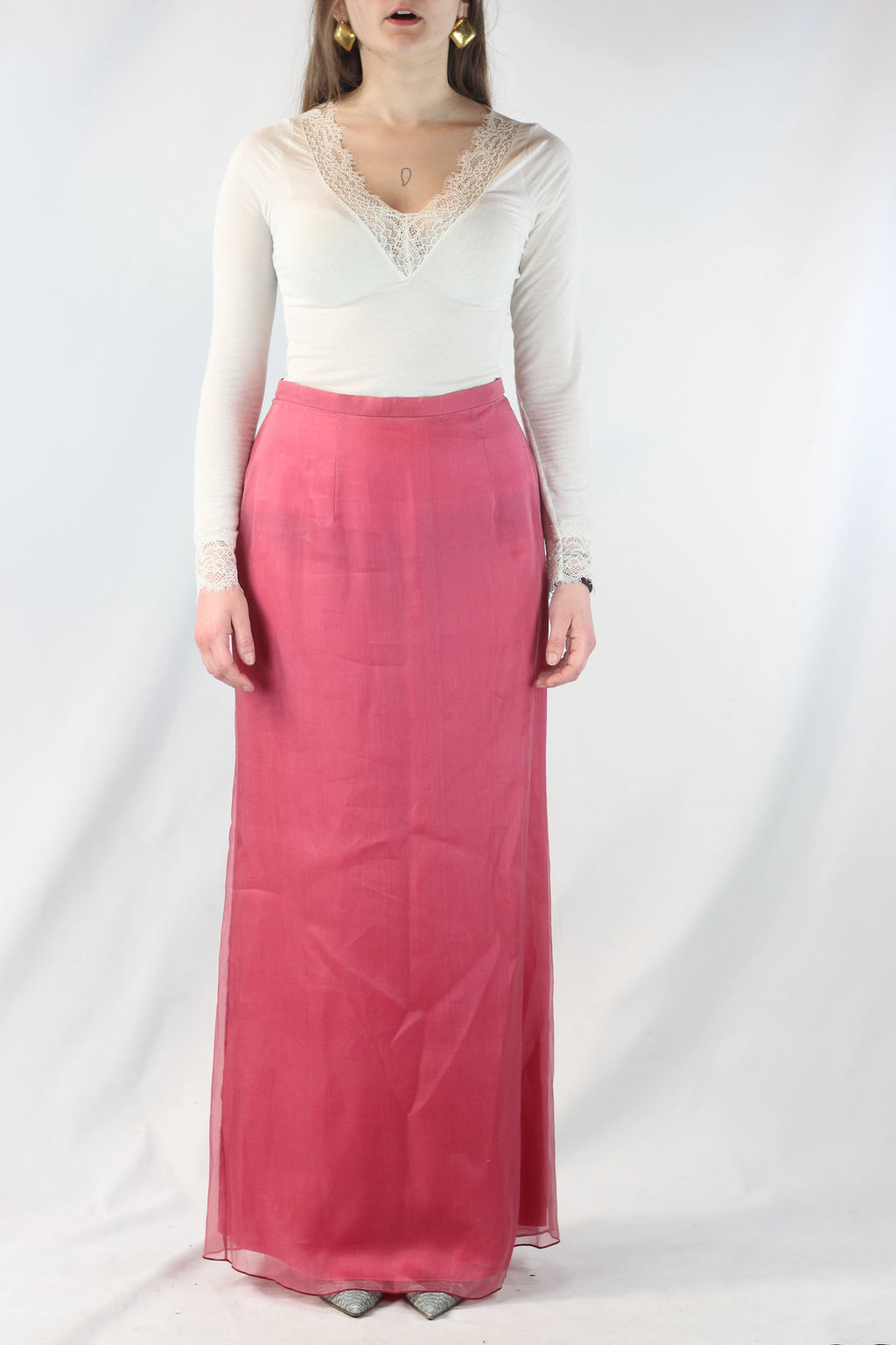 High-Waisted Magenta Silk Chiffon Maxi Skirt