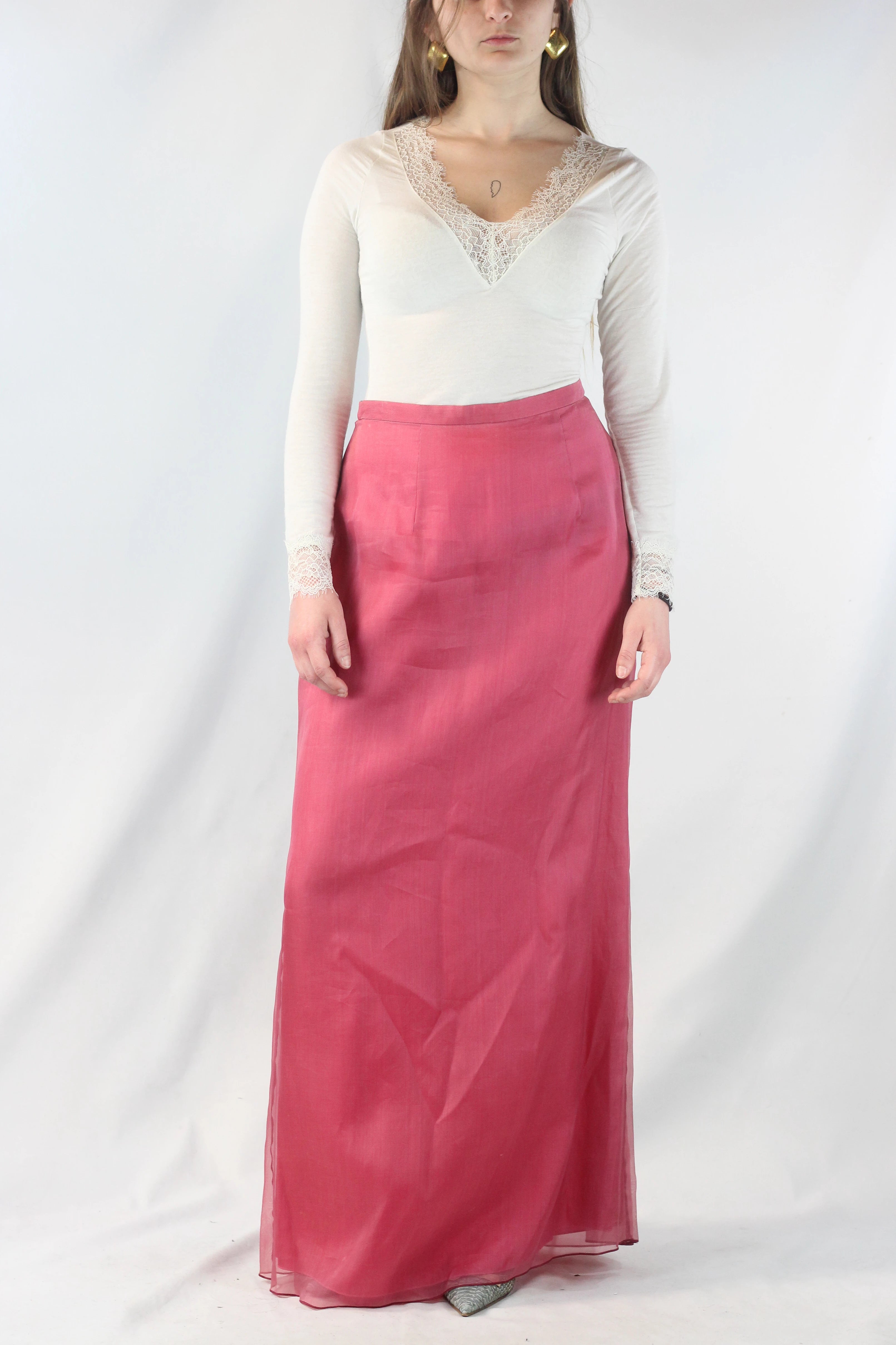 High-Waisted Magenta Silk Chiffon Maxi Skirt