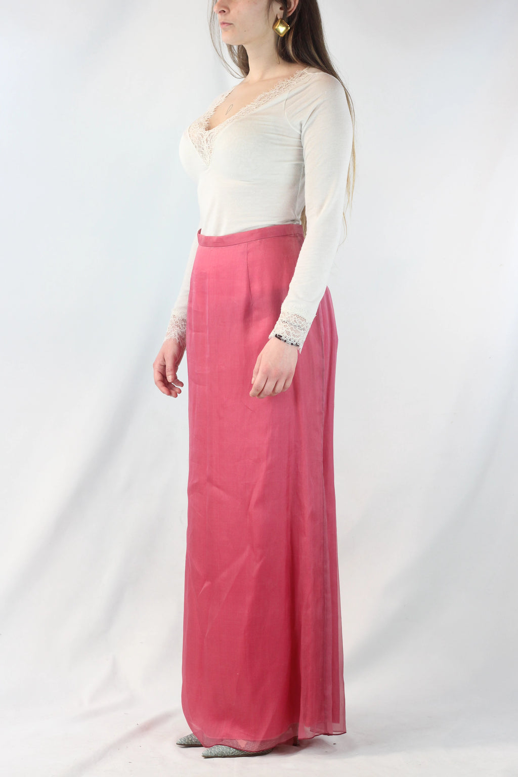 High-Waisted Magenta Silk Chiffon Maxi Skirt