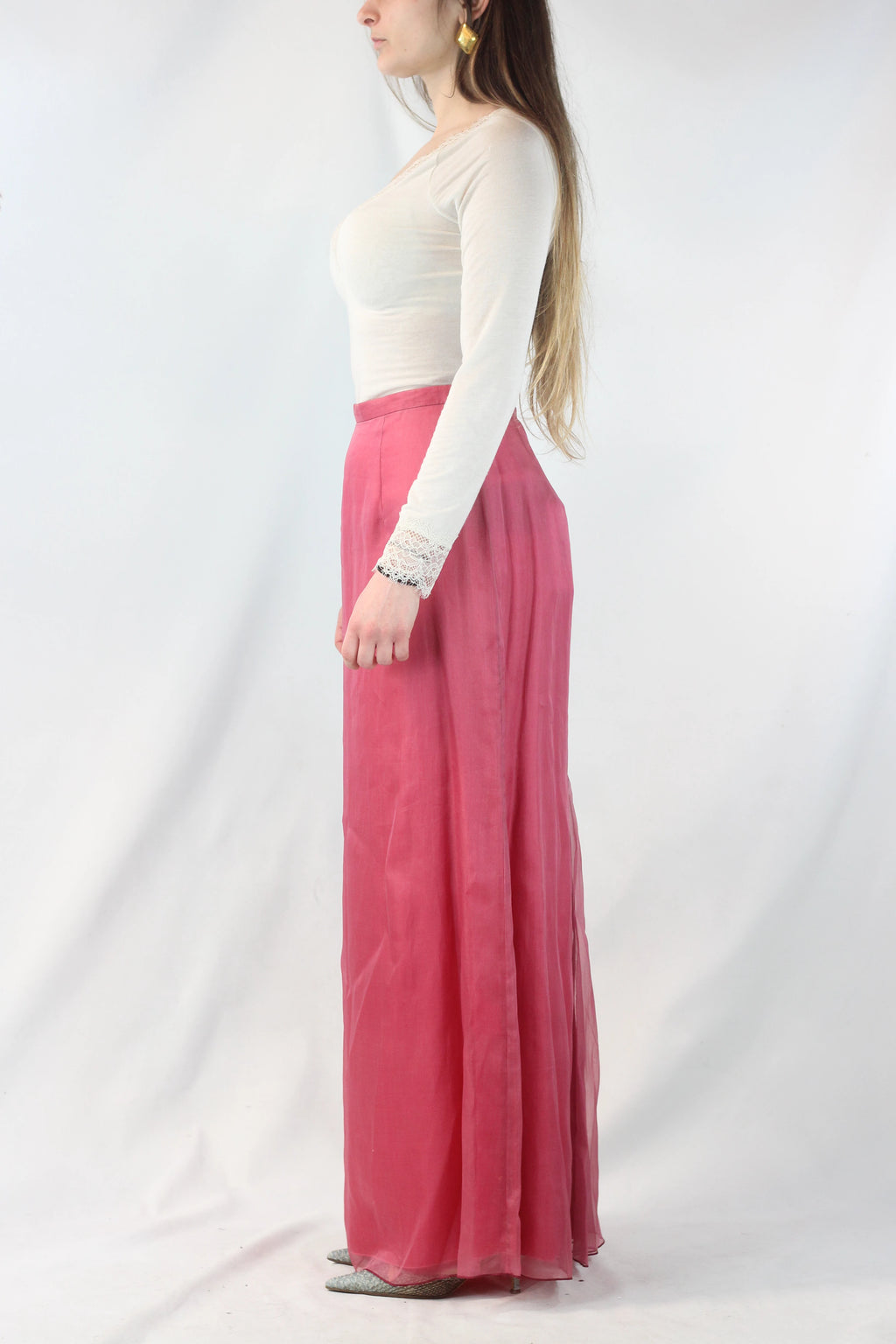 High-Waisted Magenta Silk Chiffon Maxi Skirt