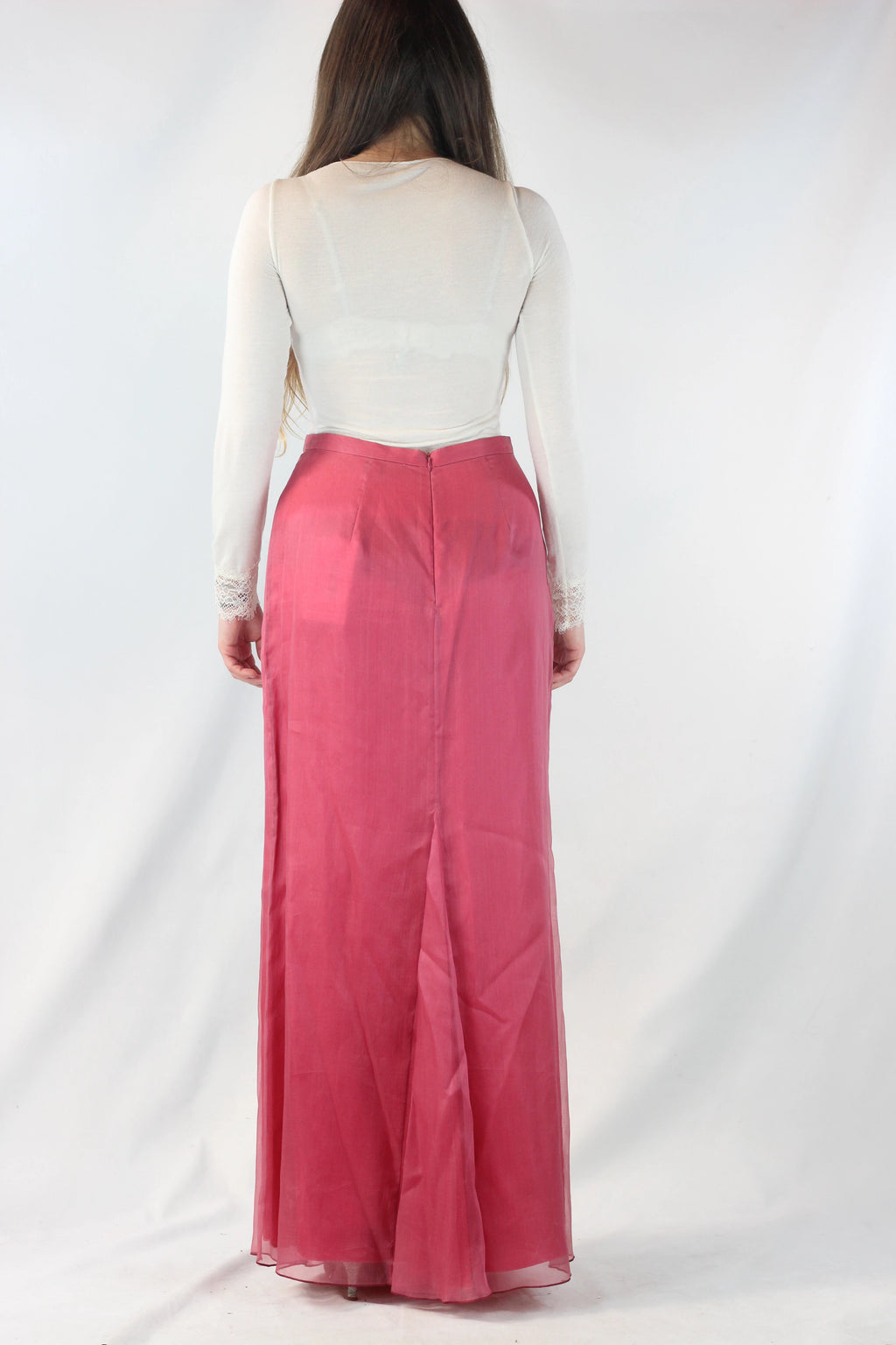 High-Waisted Magenta Silk Chiffon Maxi Skirt