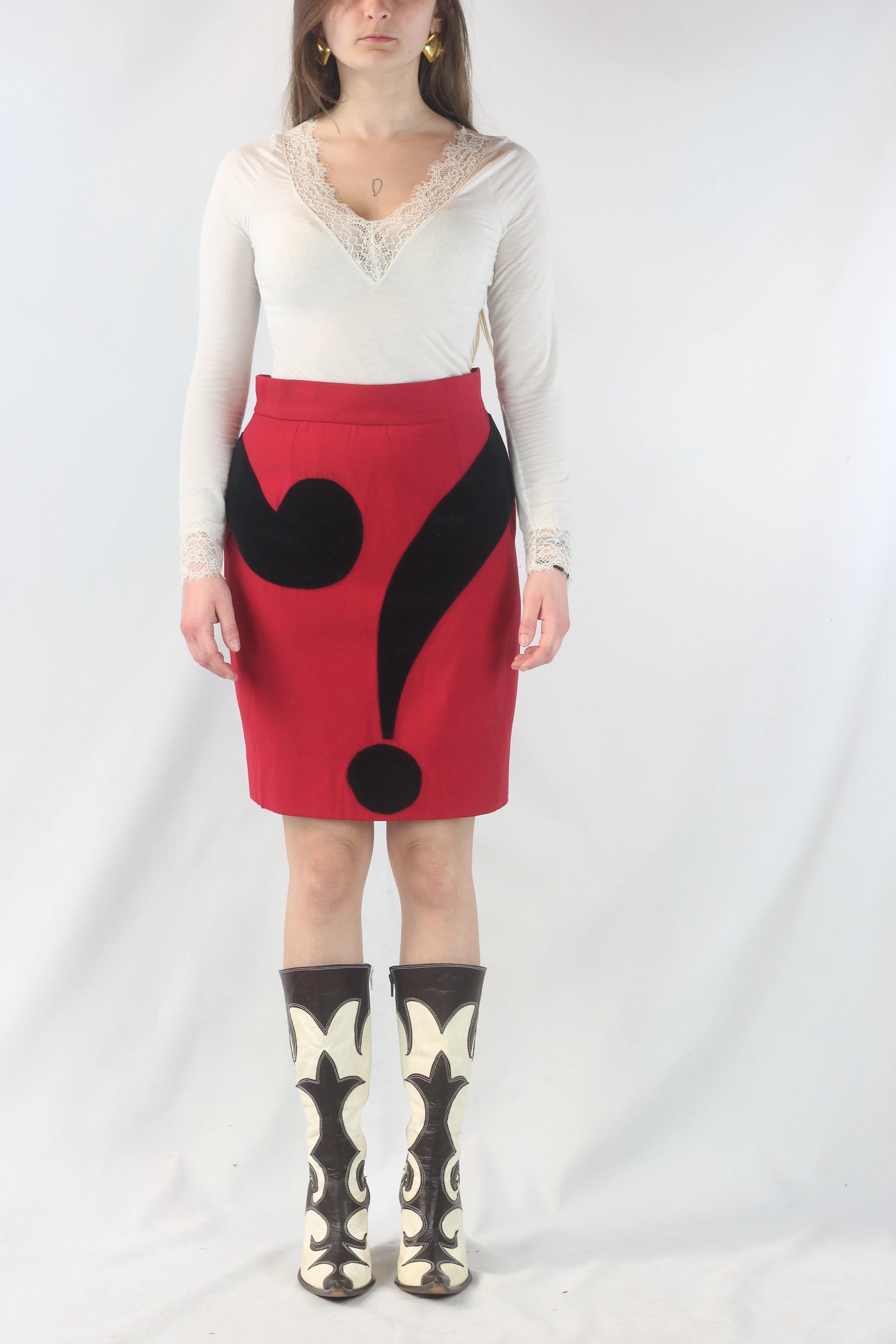 Red Wool Mini Skirt with Velvet Question Mark Motif