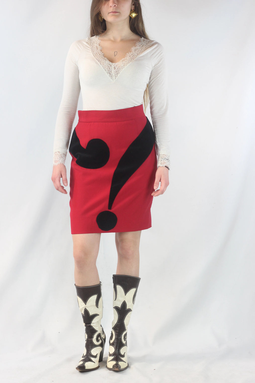 Red Wool Mini Skirt with Velvet Question Mark Motif