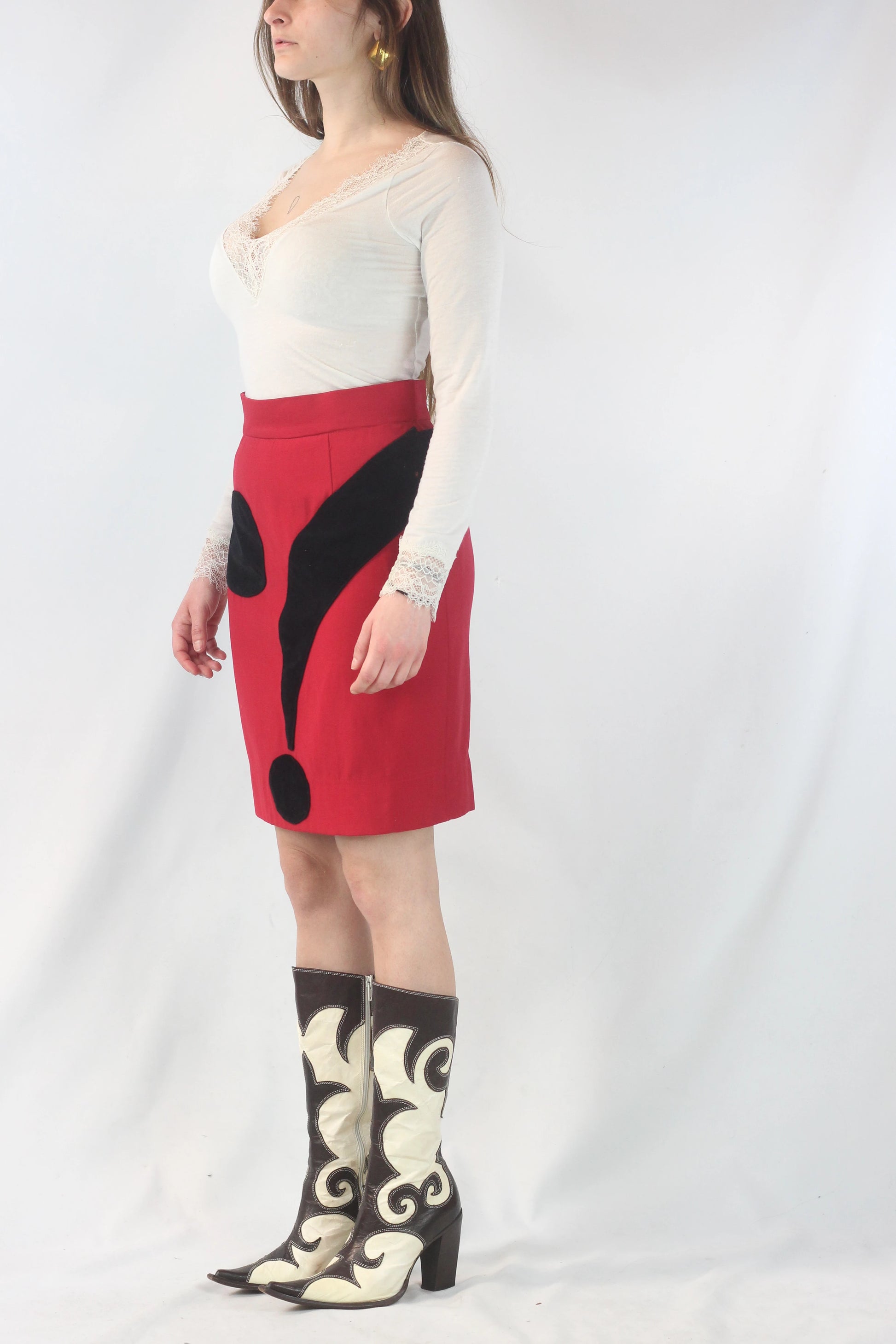 Red Wool Mini Skirt with Velvet Question Mark Motif
