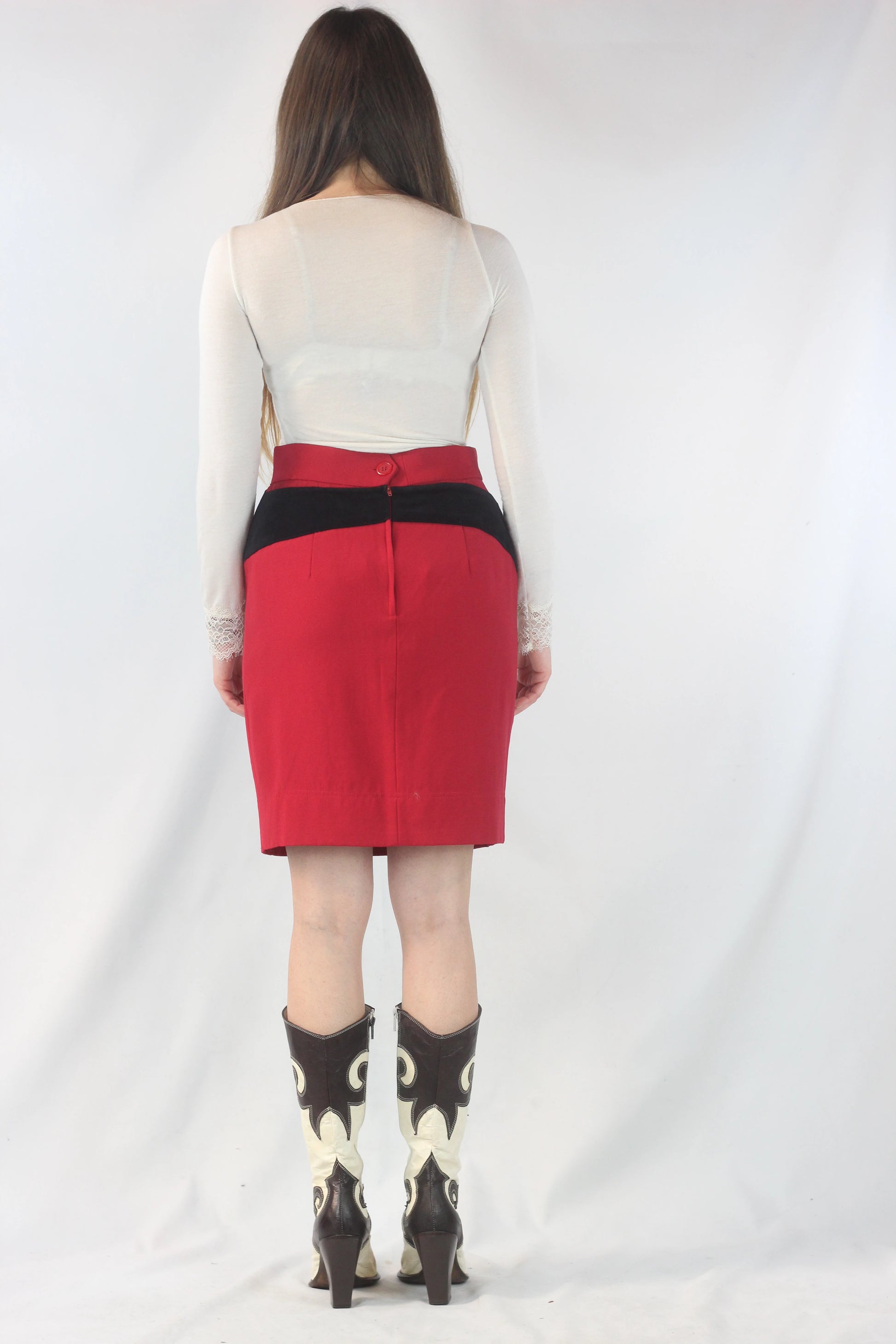 Red Wool Mini Skirt with Velvet Question Mark Motif