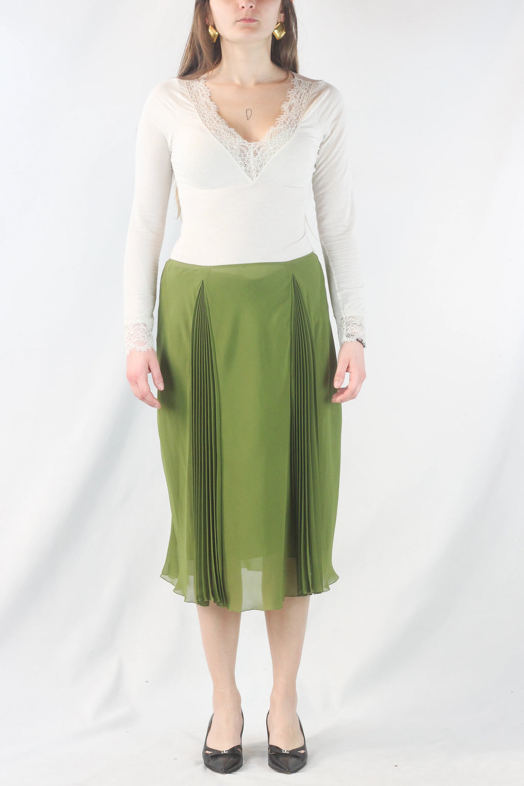 Green Silk Skirt with Front Pleated Details