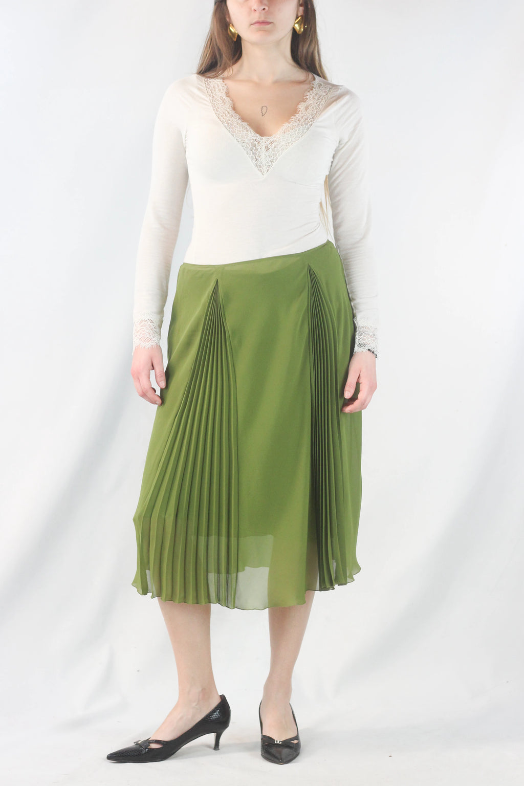 Green Silk Skirt with Front Pleated Details