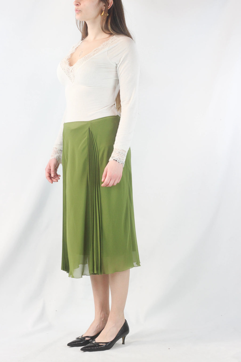 Green Silk Skirt with Front Pleated Details