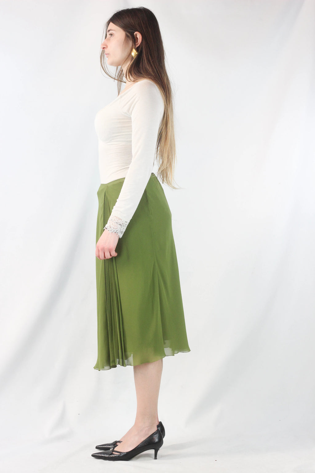 Green Silk Skirt with Front Pleated Details