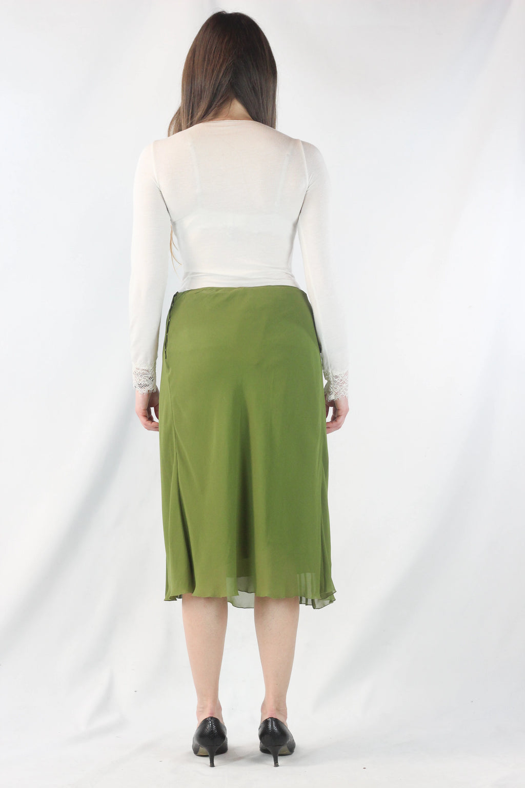 Green Silk Skirt with Front Pleated Details