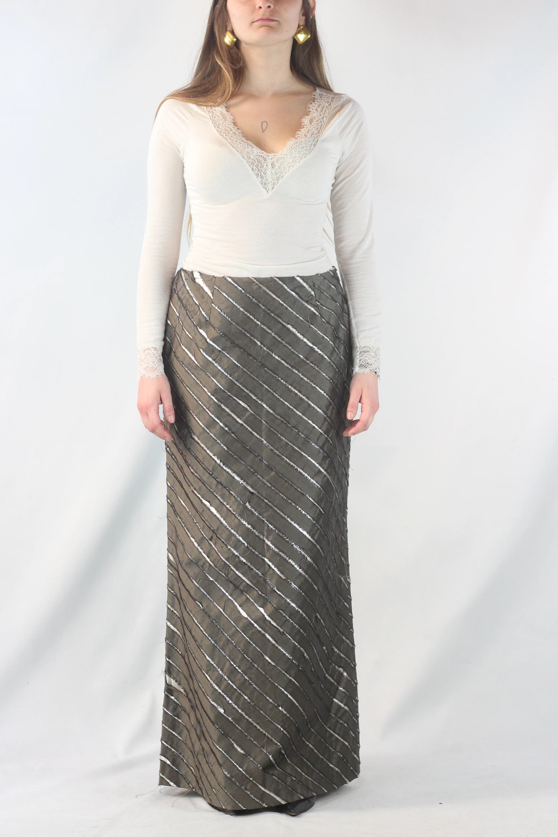 Lurex Maxi Skirt with Diagonal Silk Detail