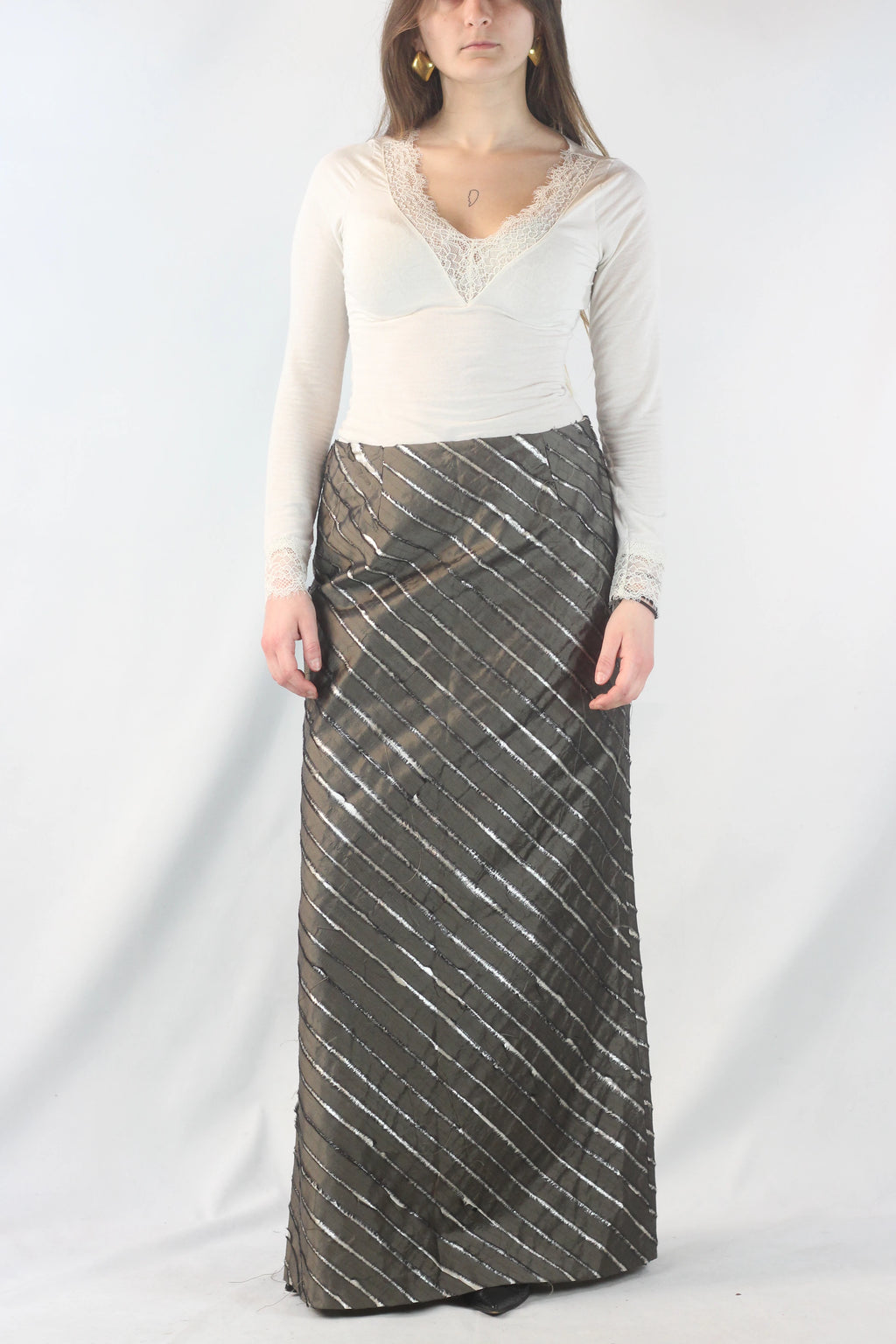 Lurex Maxi Skirt with Diagonal Silk Detail