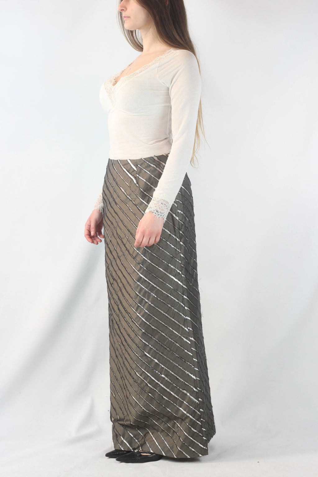 Lurex Maxi Skirt with Diagonal Silk Detail