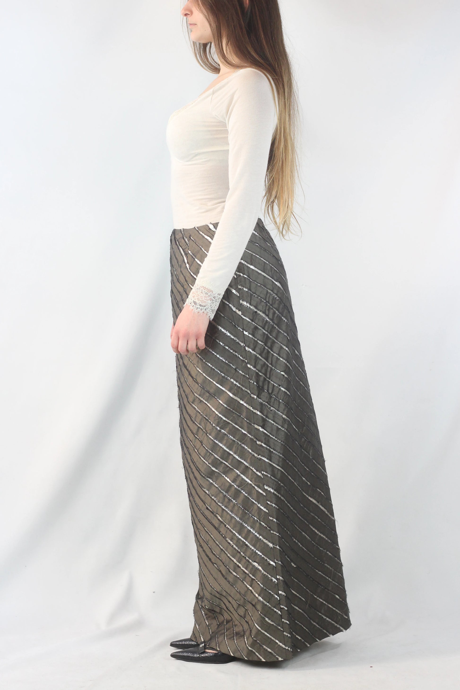 Lurex Maxi Skirt with Diagonal Silk Detail