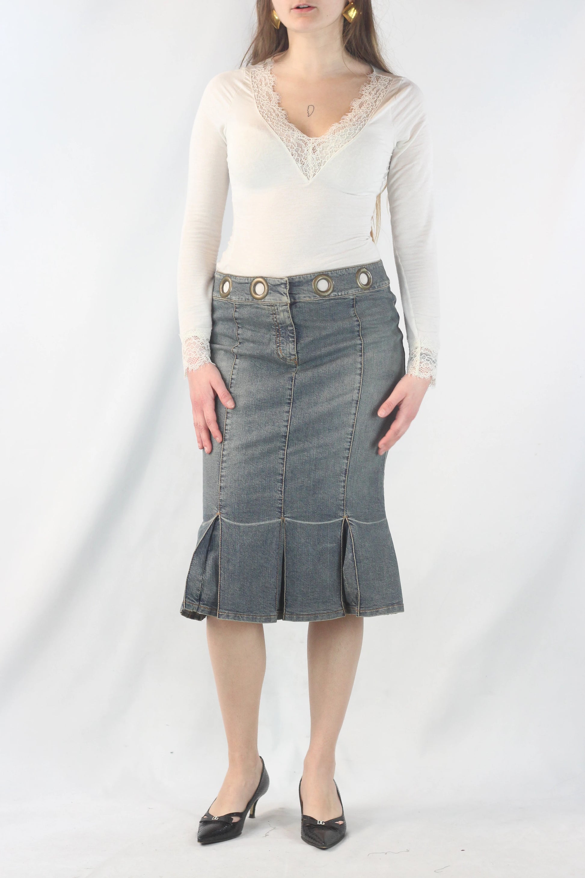 Denim Pencil Skirt with Pleated Hem